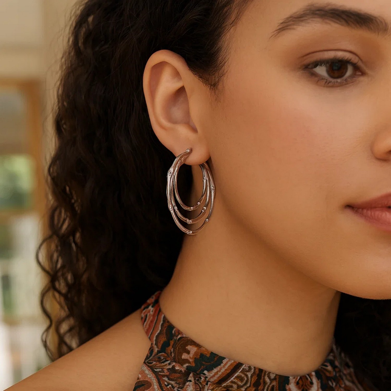 Sterling Silver Rhodium Plated Multi Row Bamboo Hoop Earrings - Image 2
