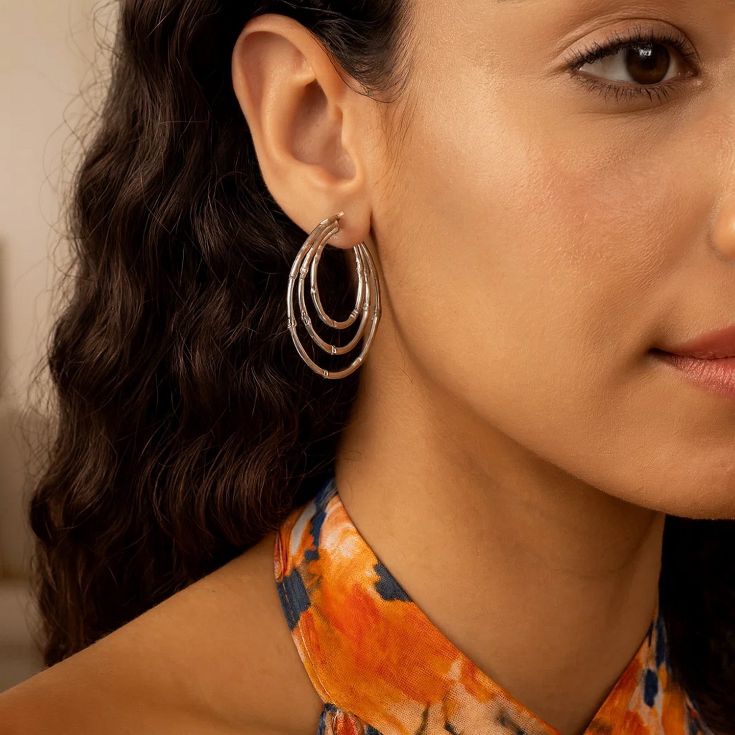 Sterling Silver Rhodium Plated Multi Row Bamboo Hoop Earrings - Image 3