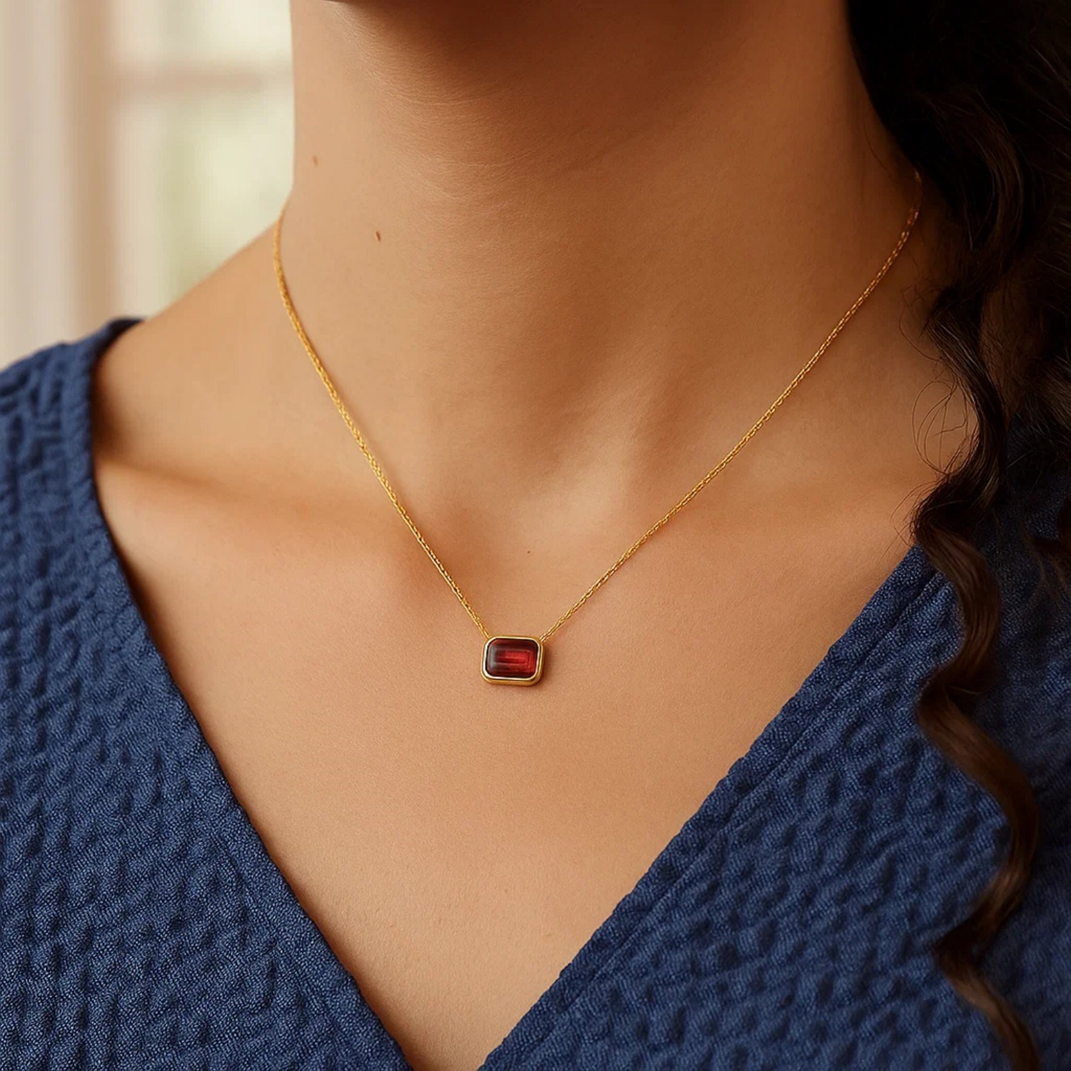 14K Yellow Gold Emerald Cut Garnet Necklace - Image 2