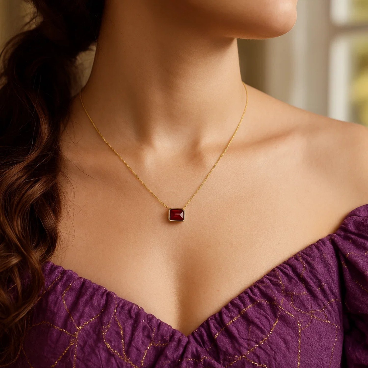 14K Yellow Gold Emerald Cut Garnet Necklace - Image 3