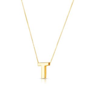 14K Yellow Gold Yours Truly Block Letter Initial T Necklace