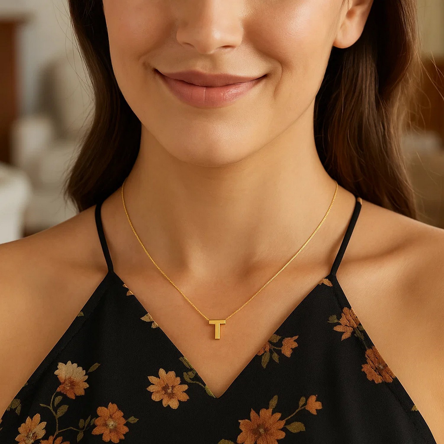 14K Yellow Gold Yours Truly Block Letter Initial T Necklace - Image 3
