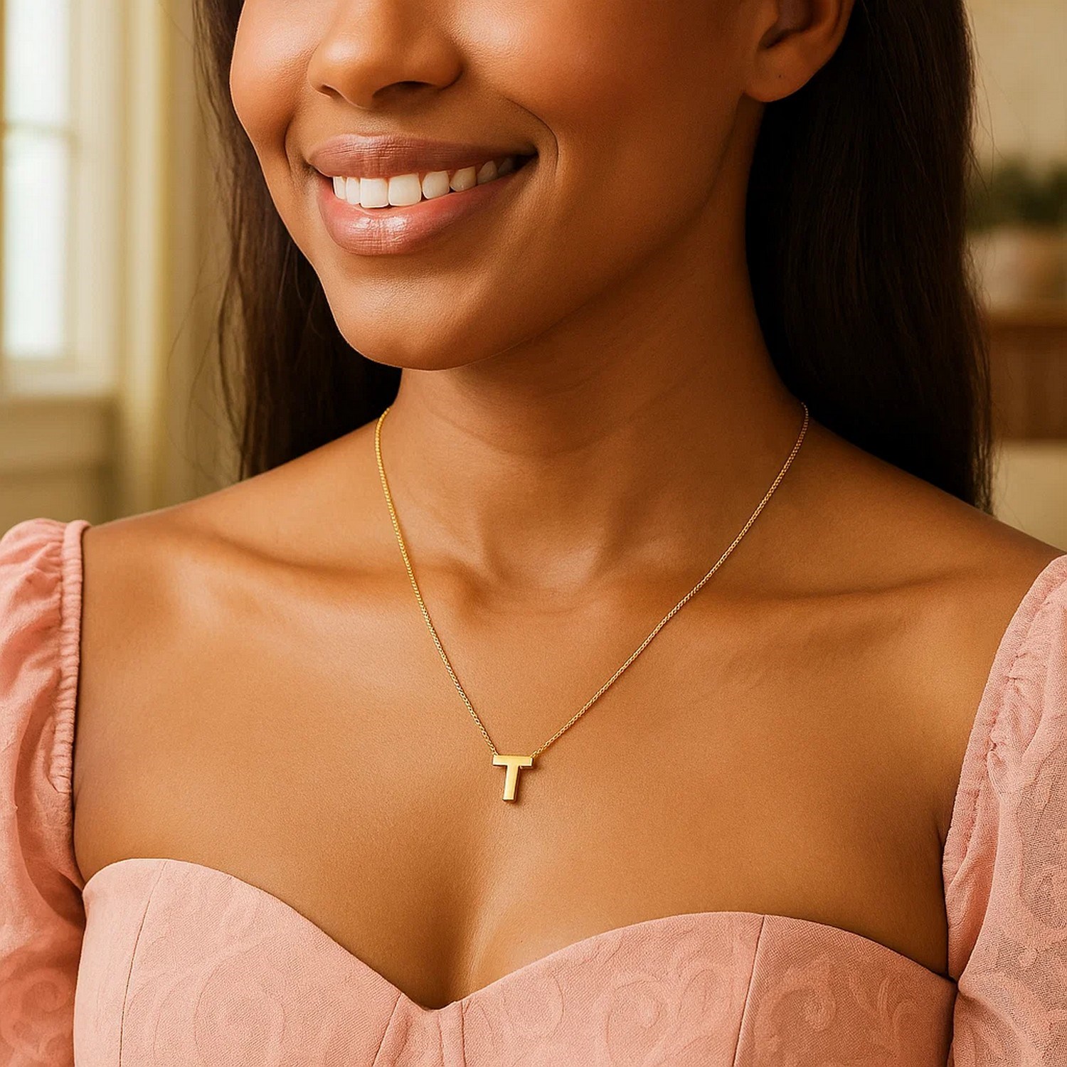 14K Yellow Gold Yours Truly Block Letter Initial T Necklace - Image 4
