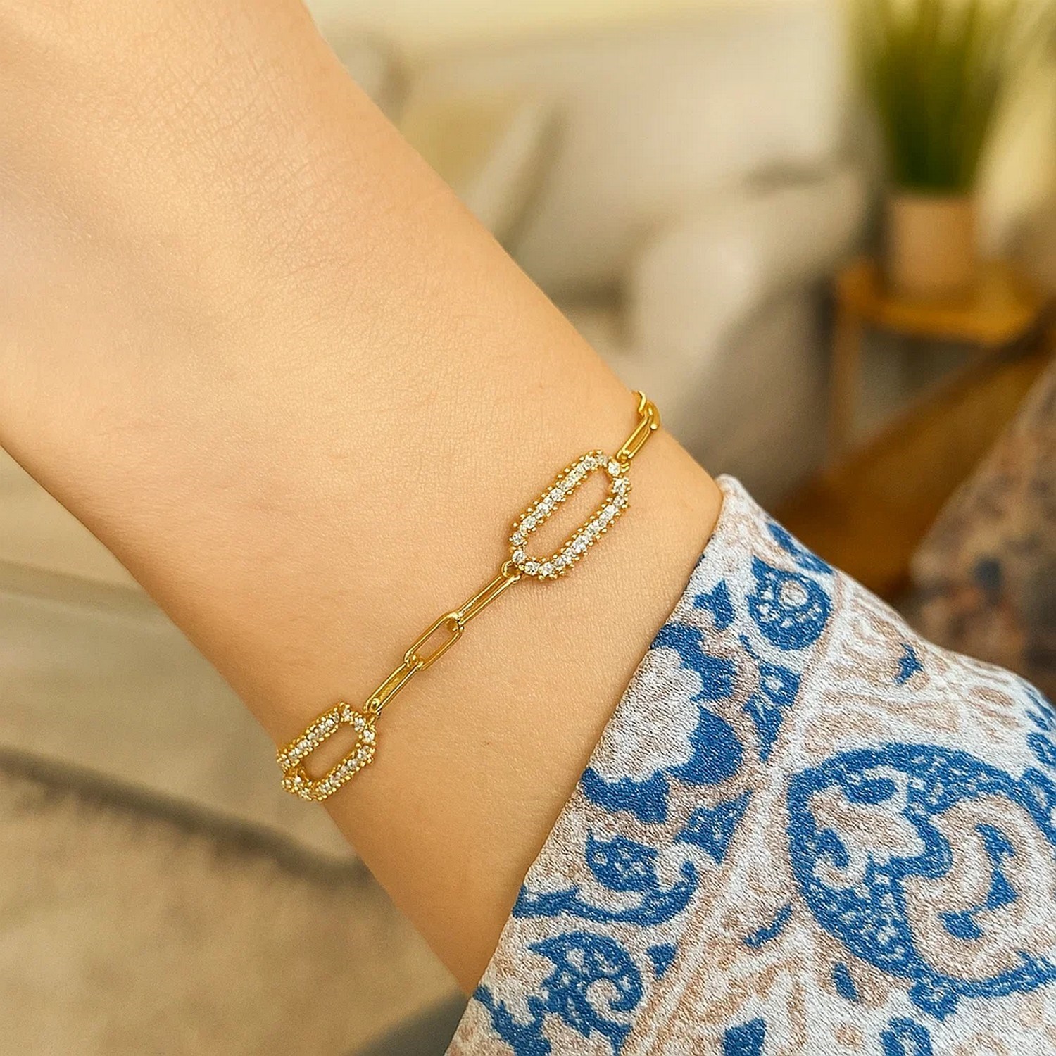 14K Yellow Gold Diamon Oro Paperclip Bracelet - Image 2