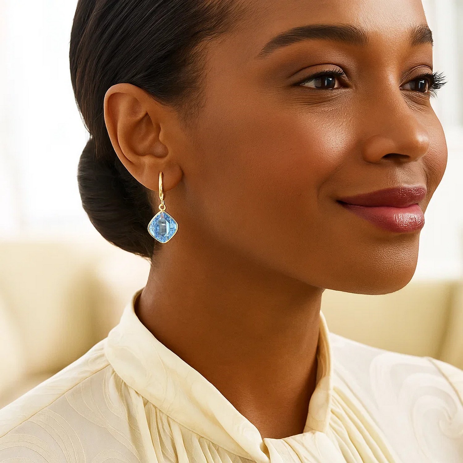 Drop Earrings with Blue Topaz Cushion Briolettes in 14k Yellow Gold - Image 2