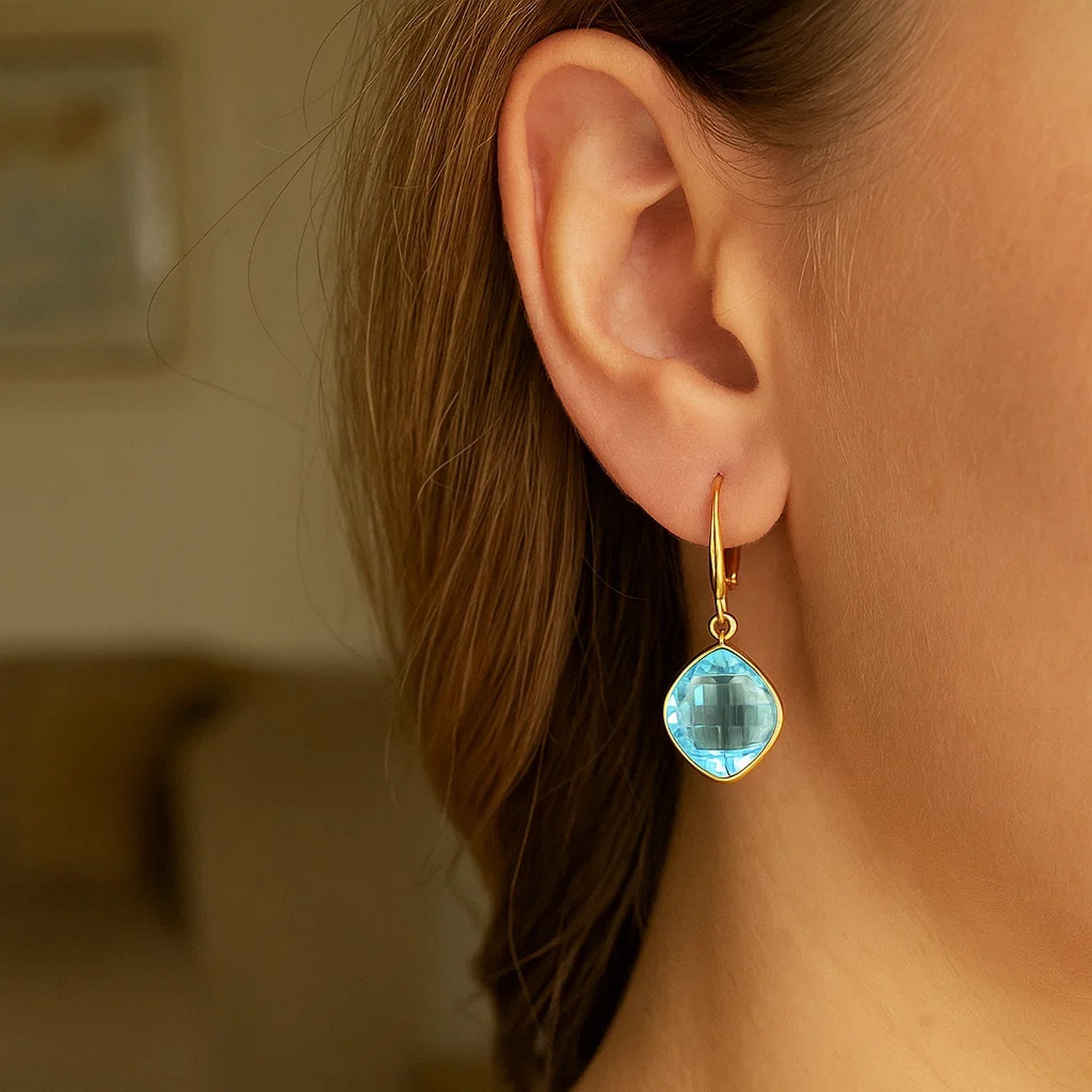 Drop Earrings with Blue Topaz Cushion Briolettes in 14k Yellow Gold - Image 3