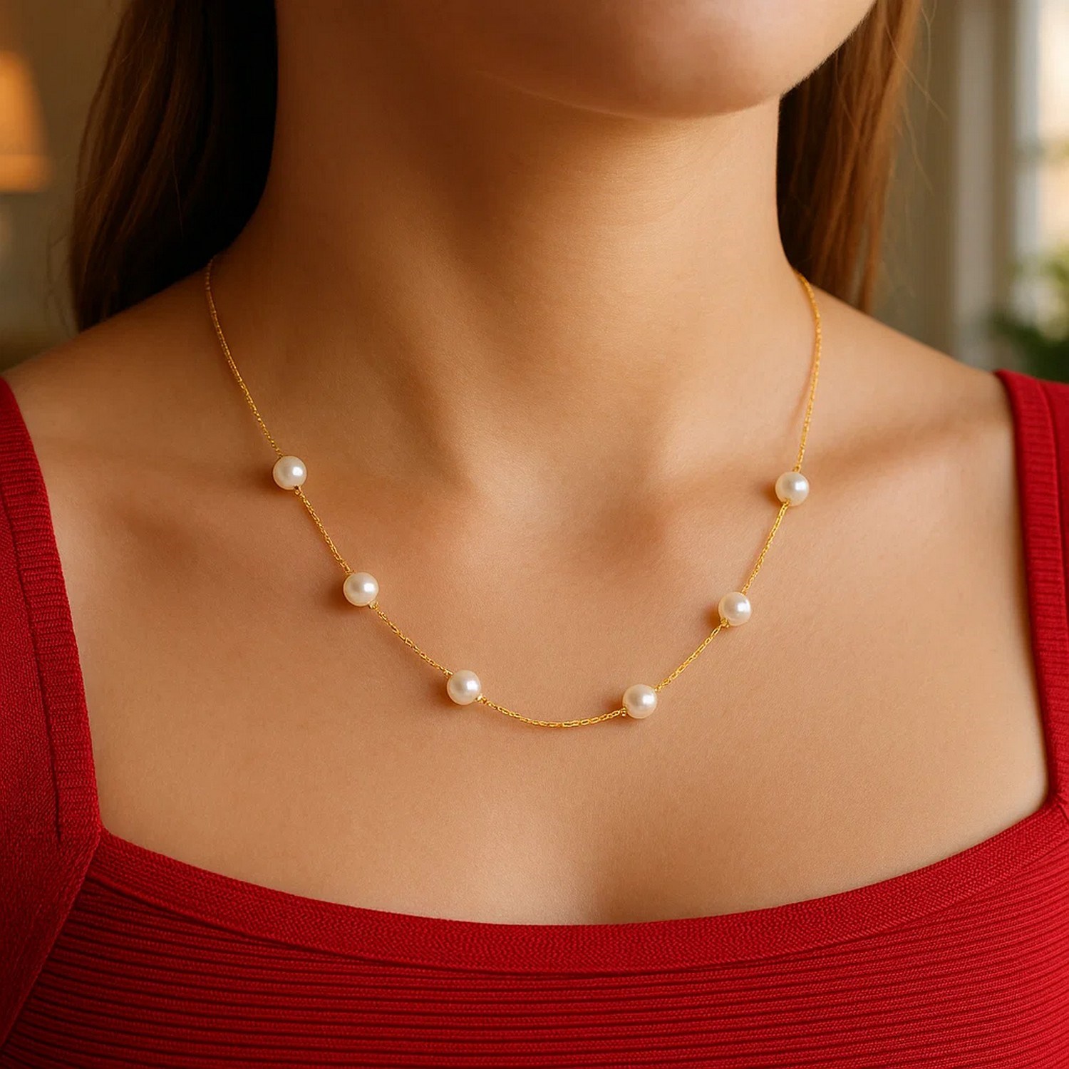 14k Yellow Gold Necklace with White Pearls - Image 10