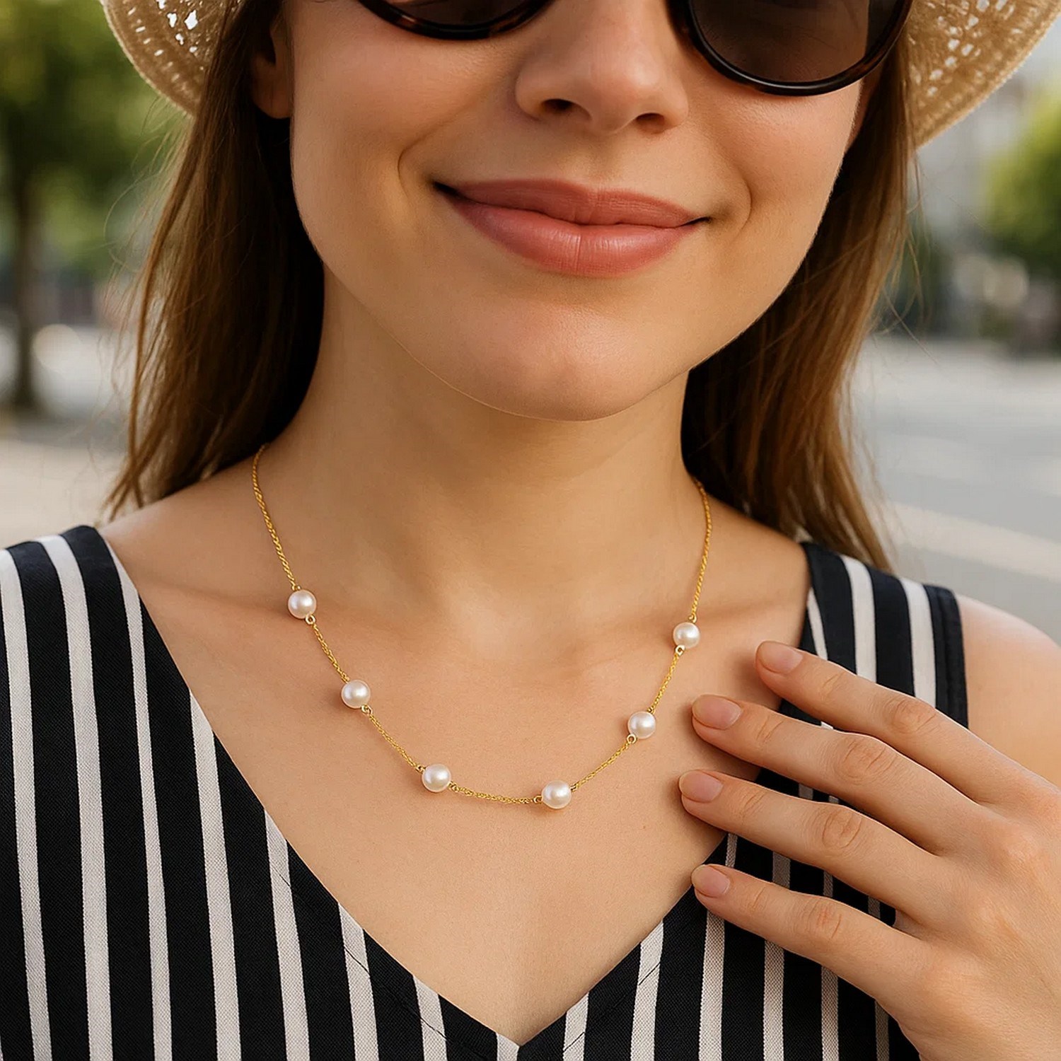 14k Yellow Gold Necklace with White Pearls - Image 7