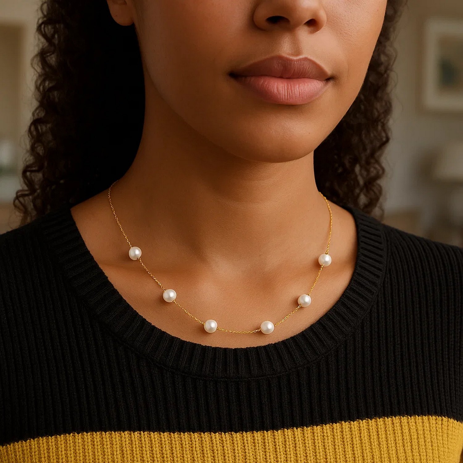 14k Yellow Gold Necklace with White Pearls - Image 9