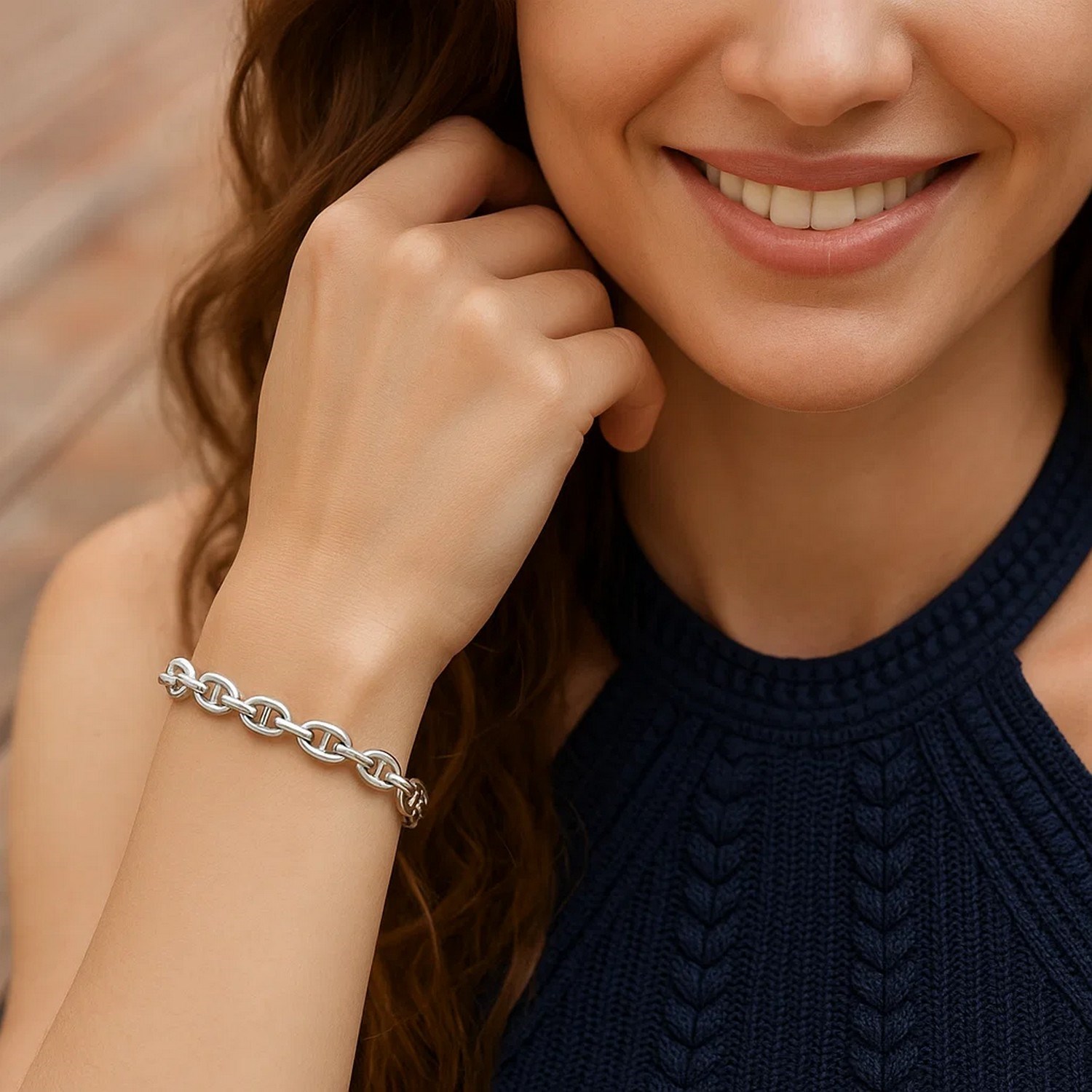 Sterling Silver Rhodium Plated Puffed Mariner Bracelet (5.90 mm) - Image 5