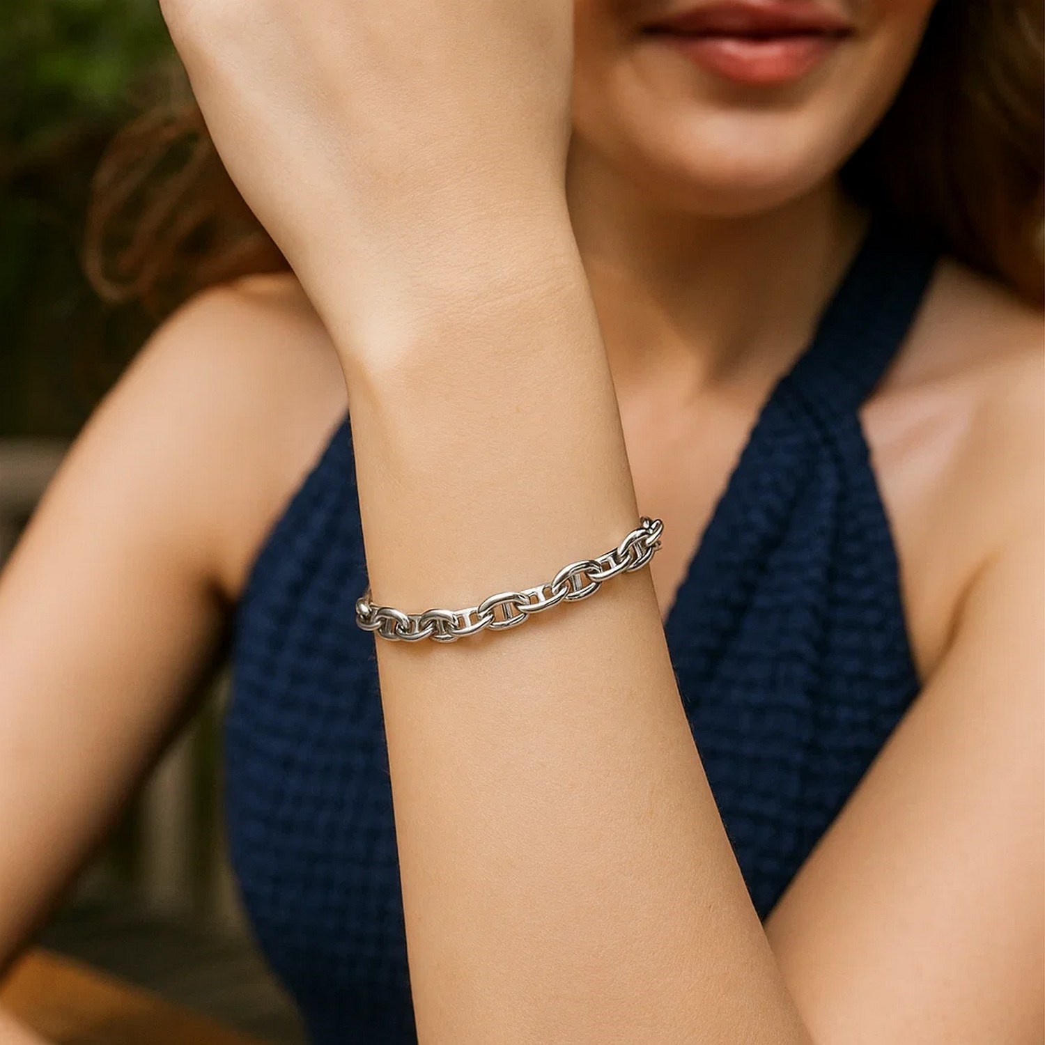 Sterling Silver Rhodium Plated Puffed Mariner Bracelet (5.90 mm) - Image 6