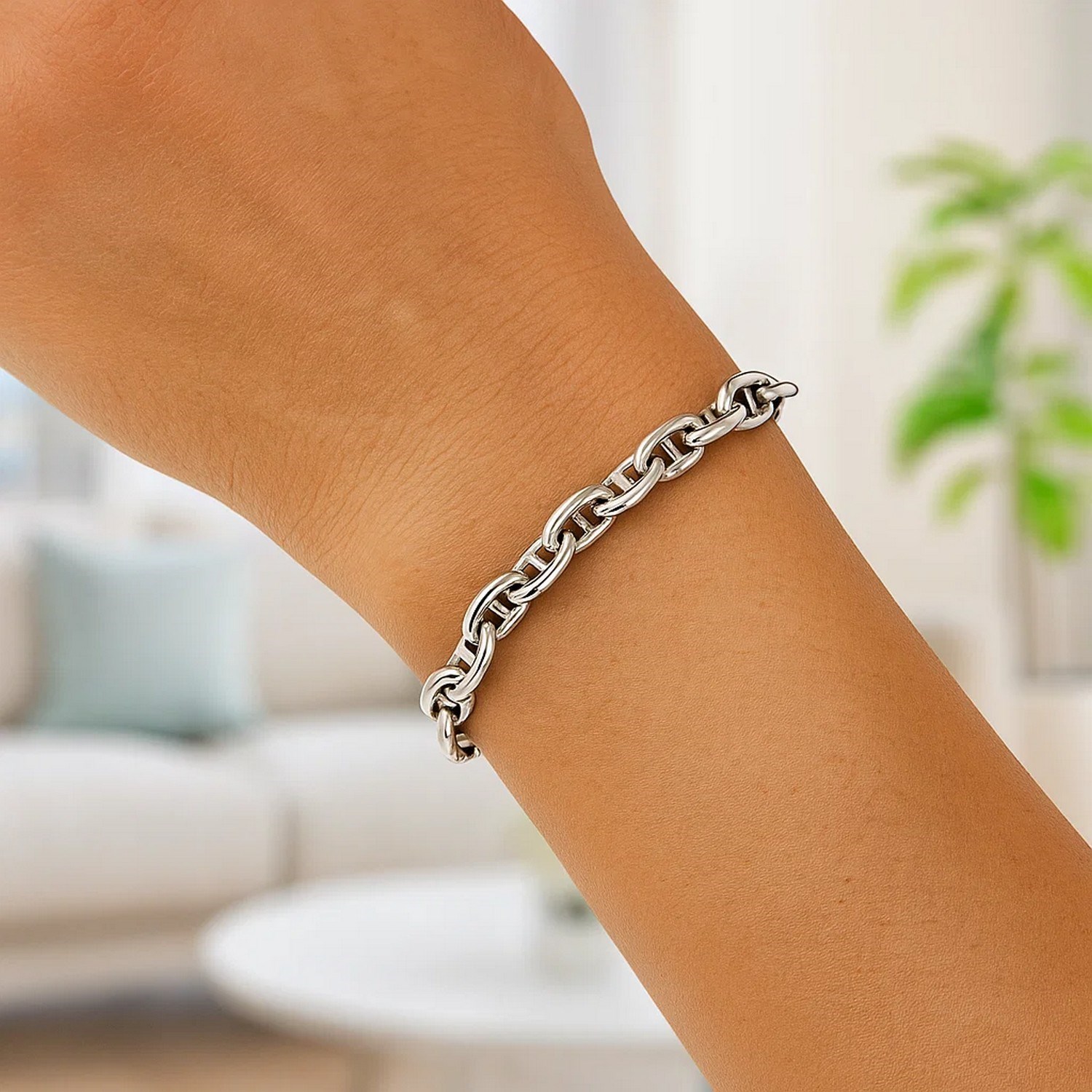 Sterling Silver Rhodium Plated Puffed Mariner Bracelet (5.90 mm) - Image 7