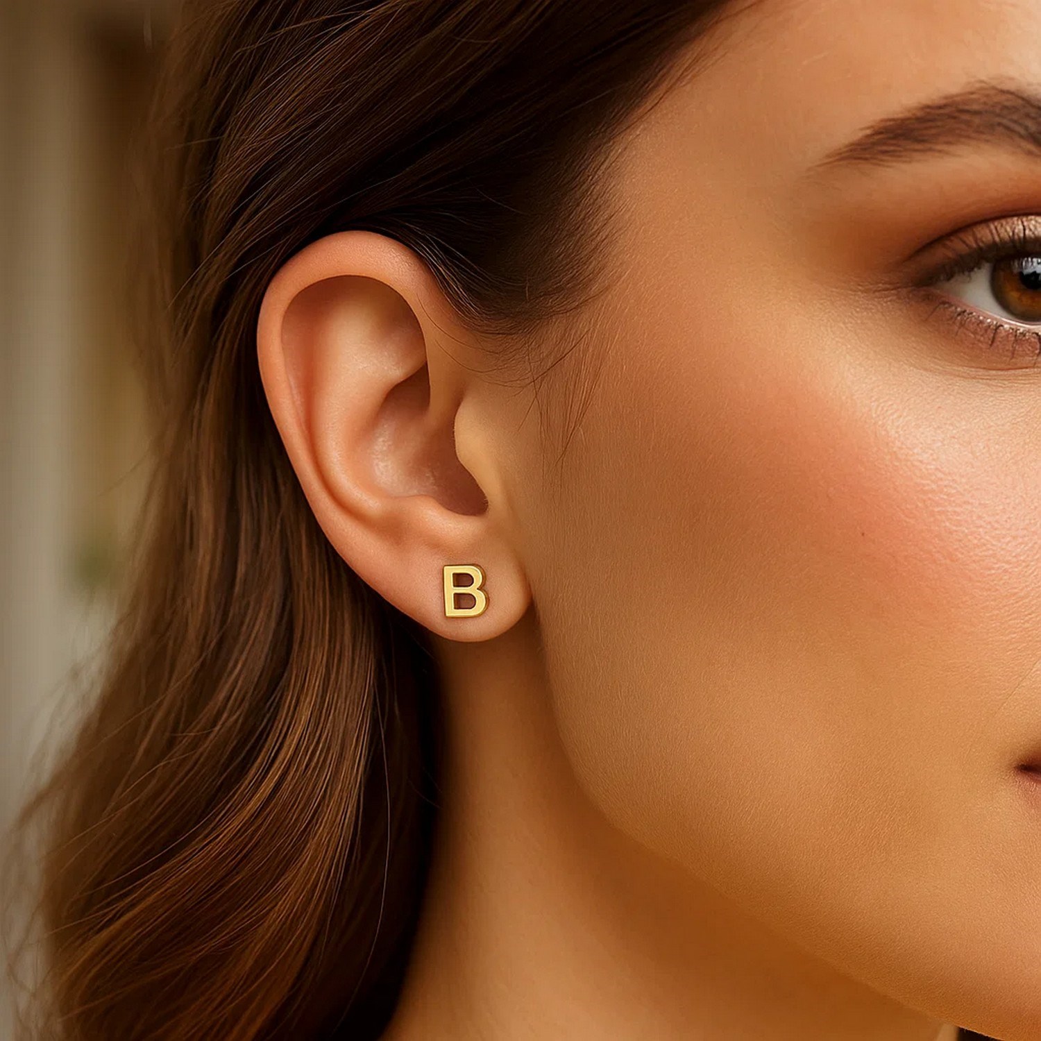 14K Yellow Gold Yours Truly Initial B Stud Earrings - Image 2