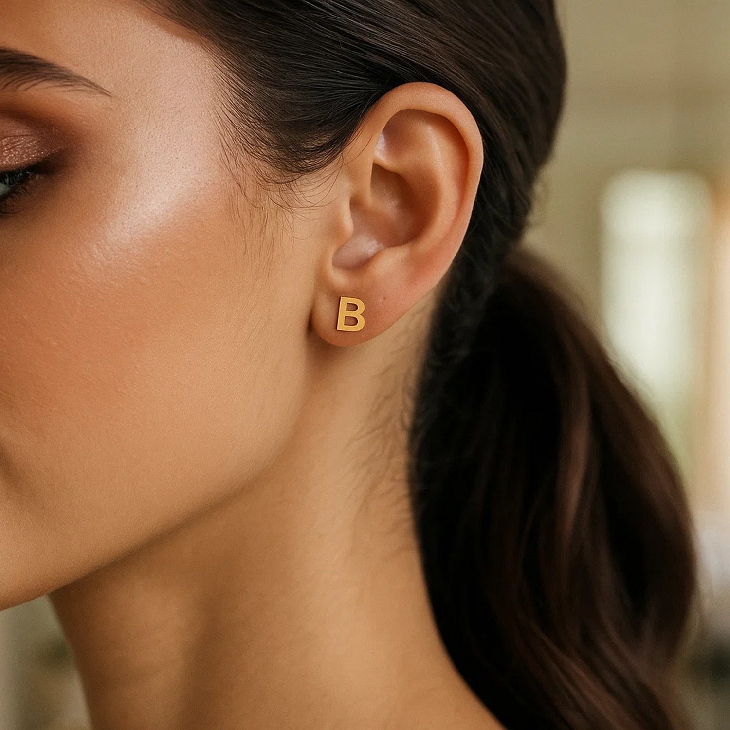 14K Yellow Gold Yours Truly Initial B Stud Earrings - Image 3