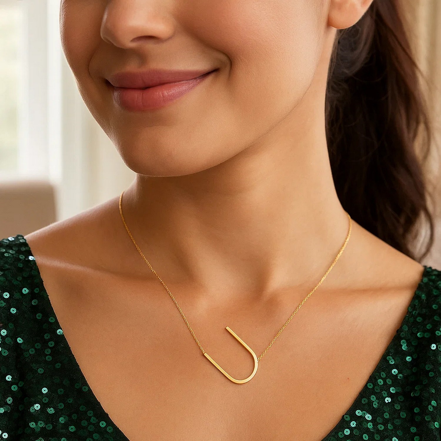 14K Yellow Gold Yours Truly Large Initial U Necklace - Image 4
