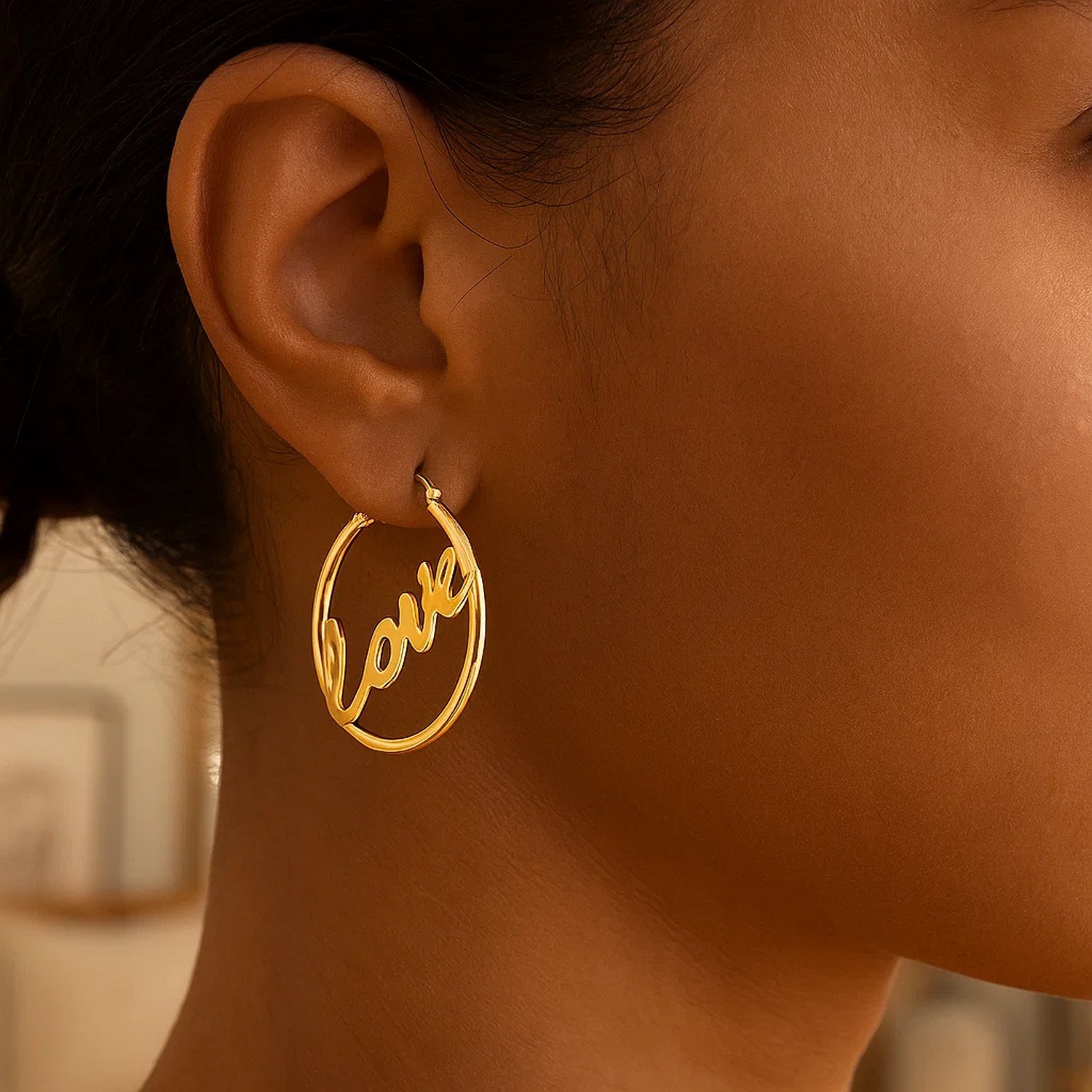 14K Yellow Gold Love Hoop Earrings - Image 2
