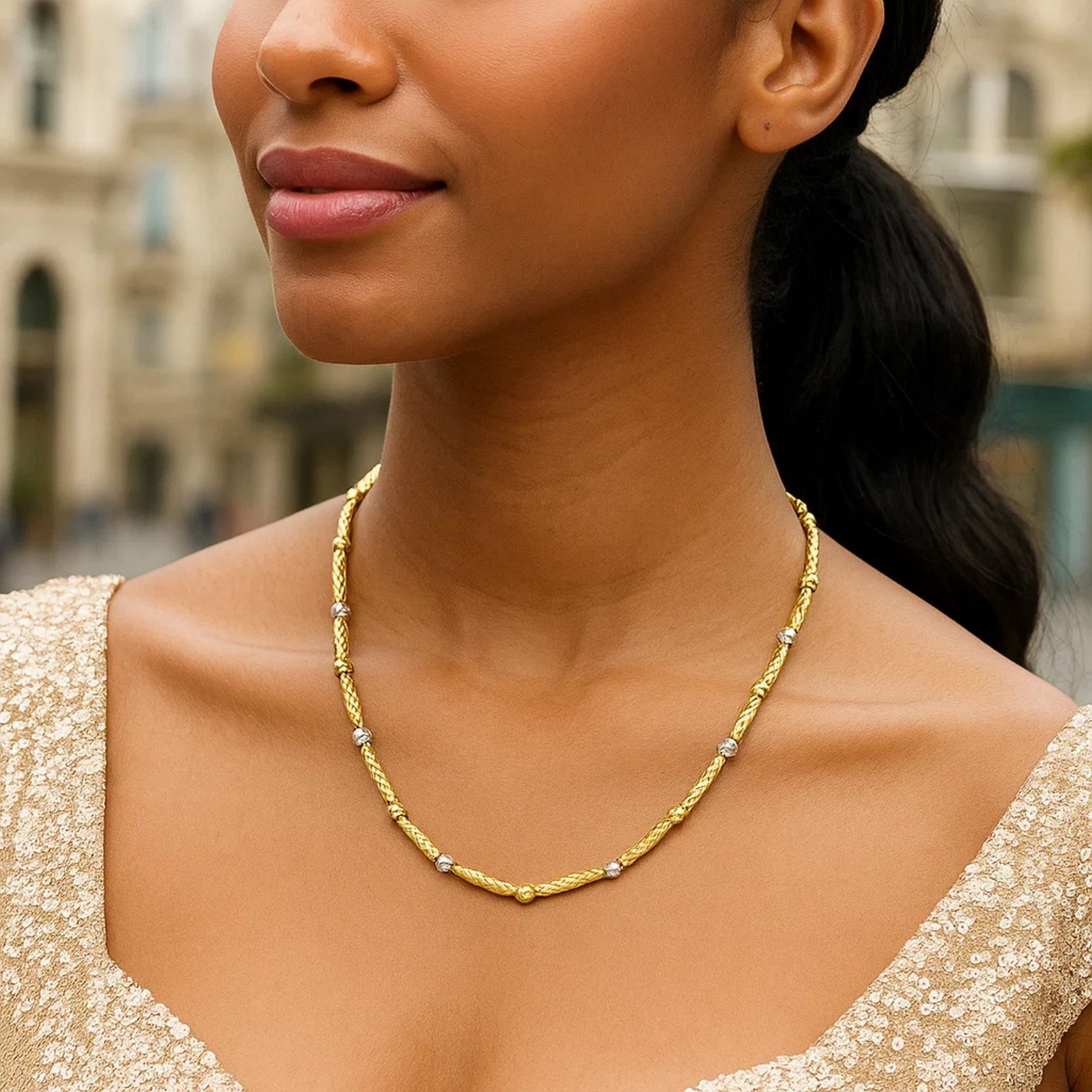 Two Tone Bar and Bead Necklace in 14K Gold - Image 3