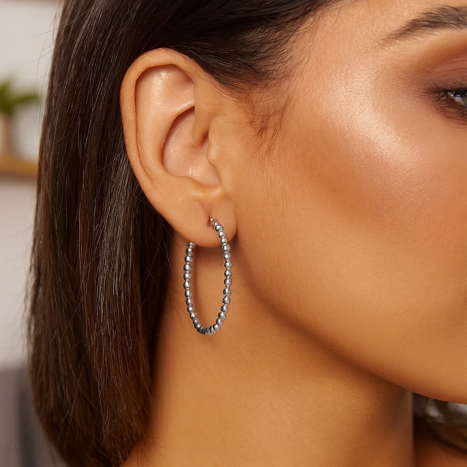 Sterling Silver Medium Bead Hoop Earrings - Image 2