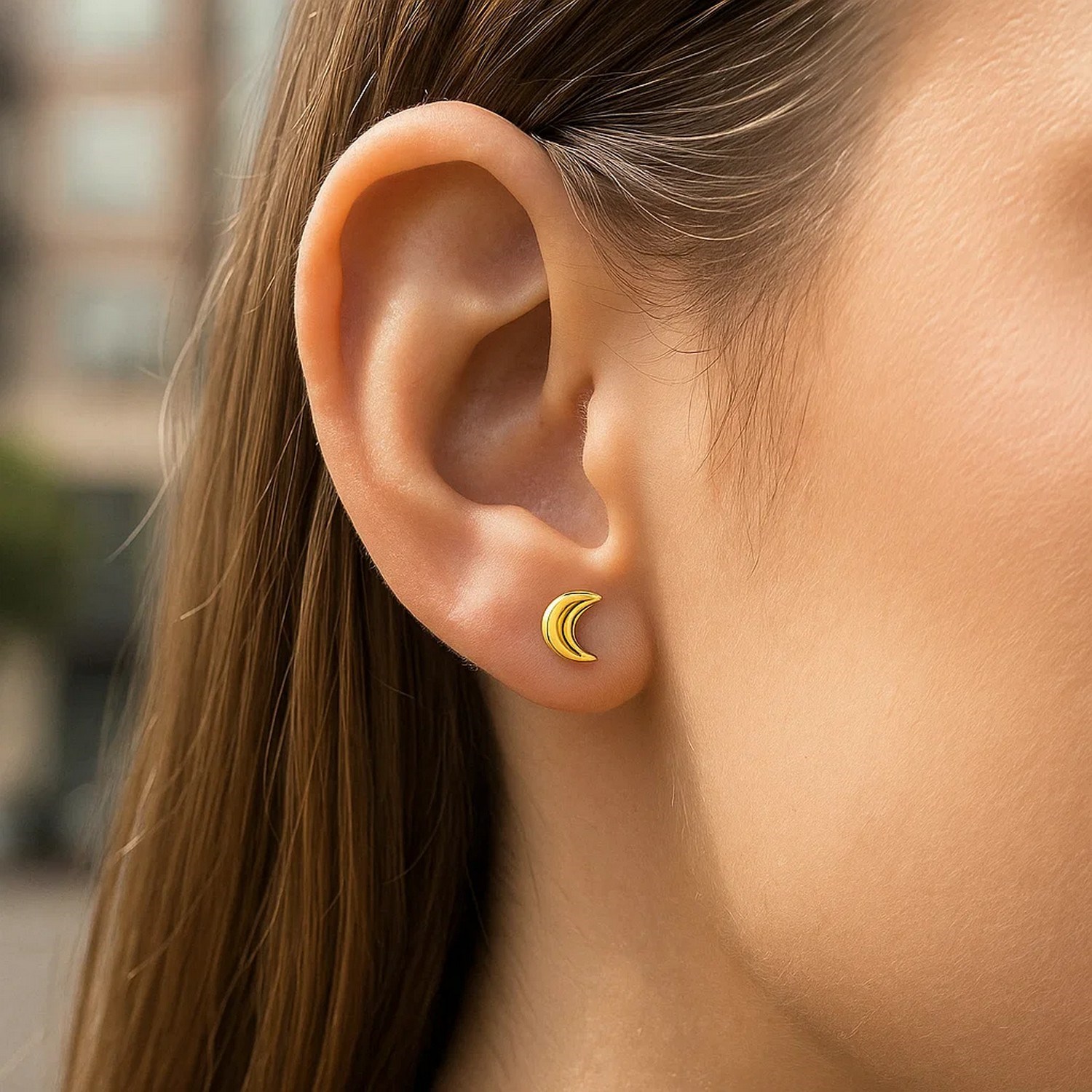 14k Yellow Gold Post Earrings with Moons - Image 4