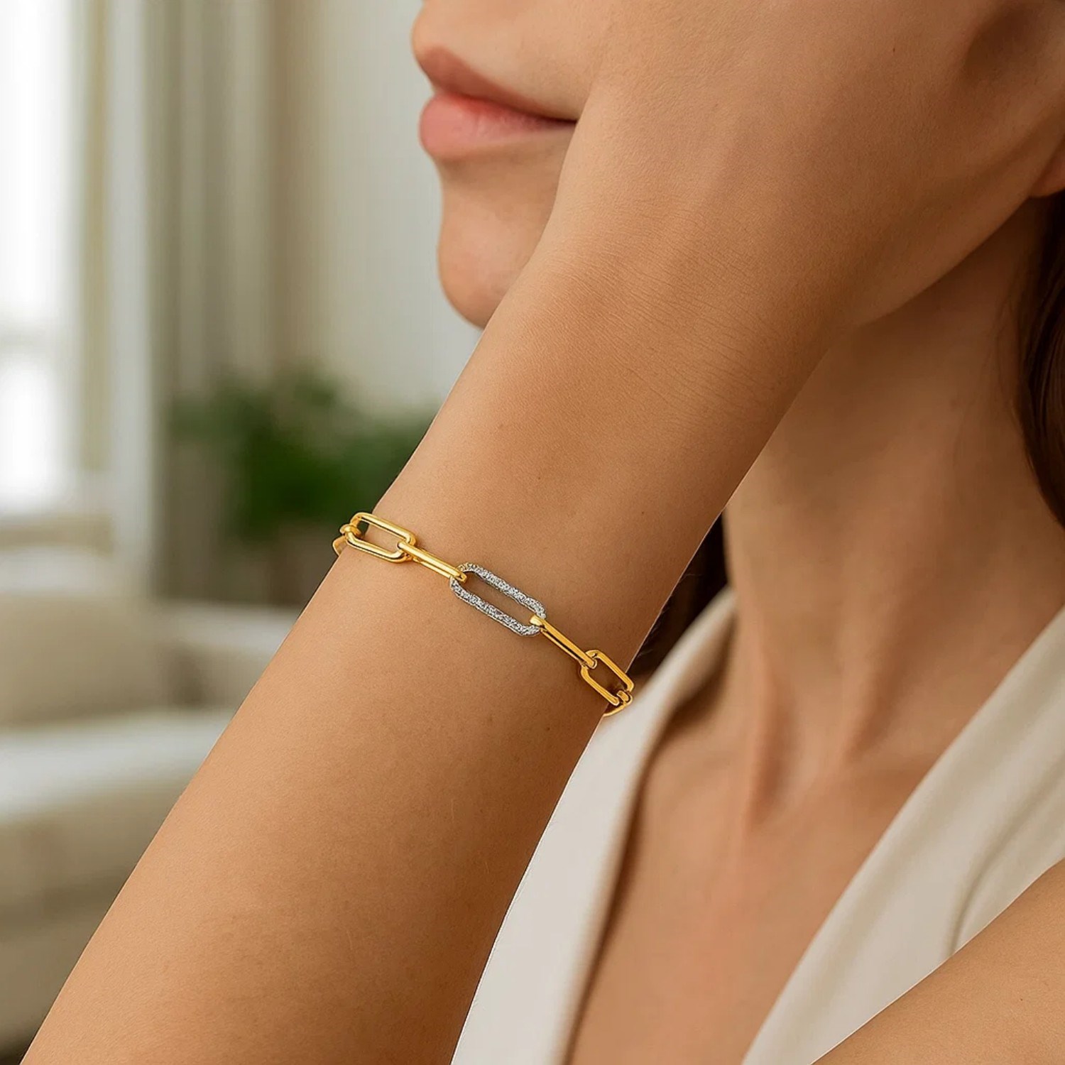 14k Yellow Gold inch Paperclip Chain Bracelet with Three Diamond Links (2.00 mm) - Image 2