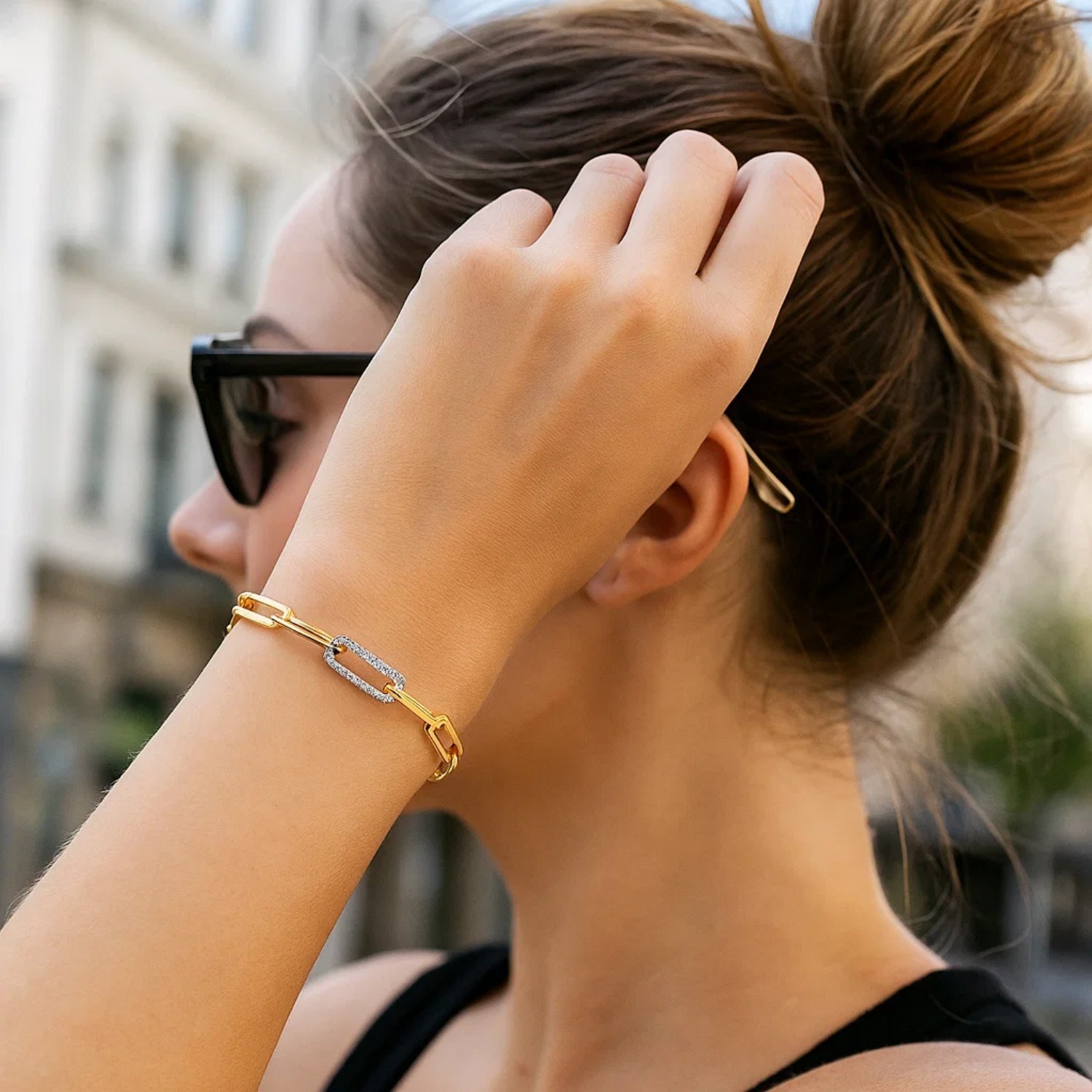 14k Yellow Gold inch Paperclip Chain Bracelet with Three Diamond Links (2.00 mm) - Image 3