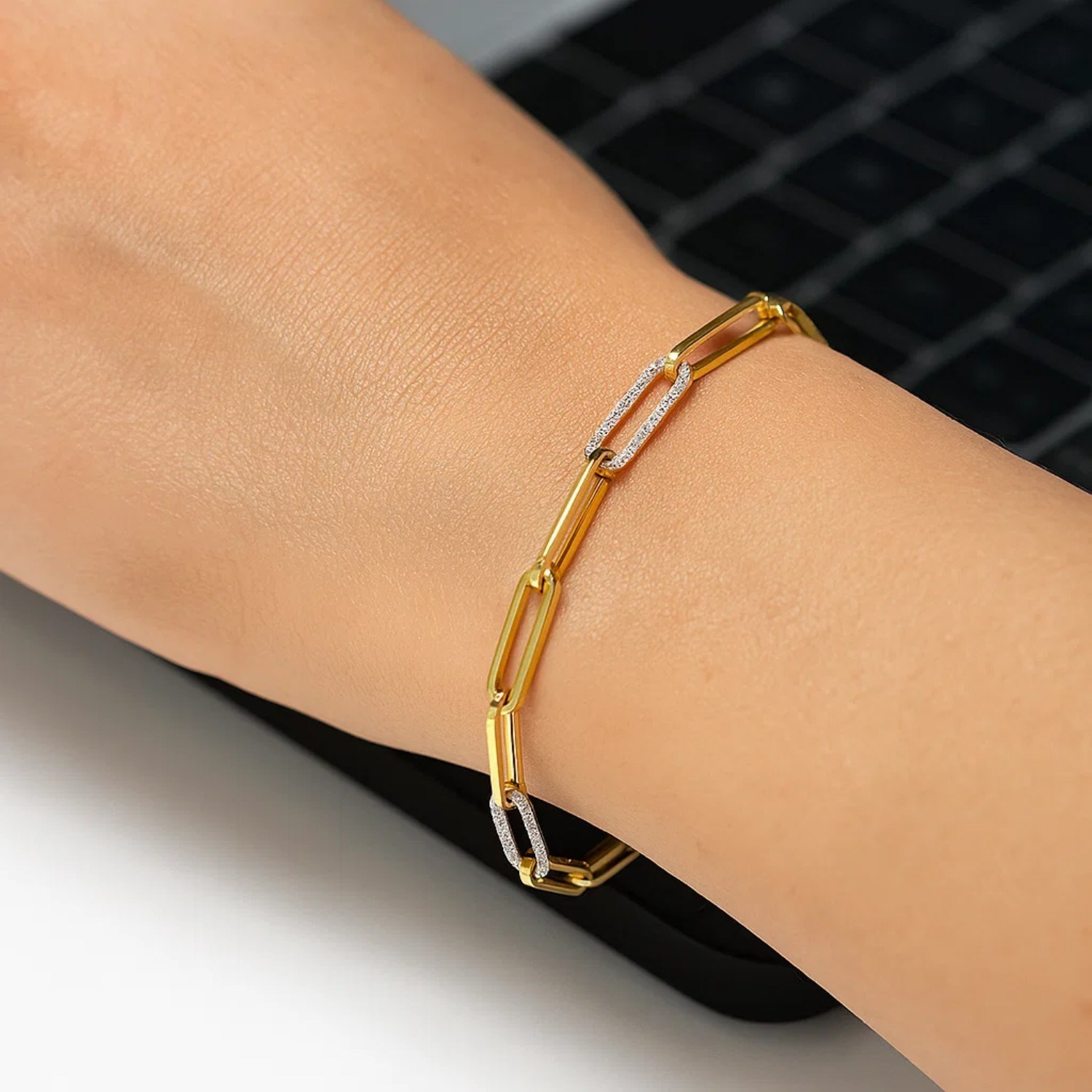 14k Yellow Gold inch Paperclip Chain Bracelet with Three Diamond Links (2.00 mm) - Image 4