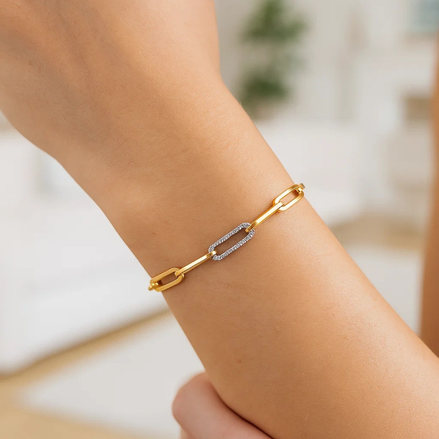 14k Yellow Gold inch Paperclip Chain Bracelet with Three Diamond Links (2.00 mm) - Image 5