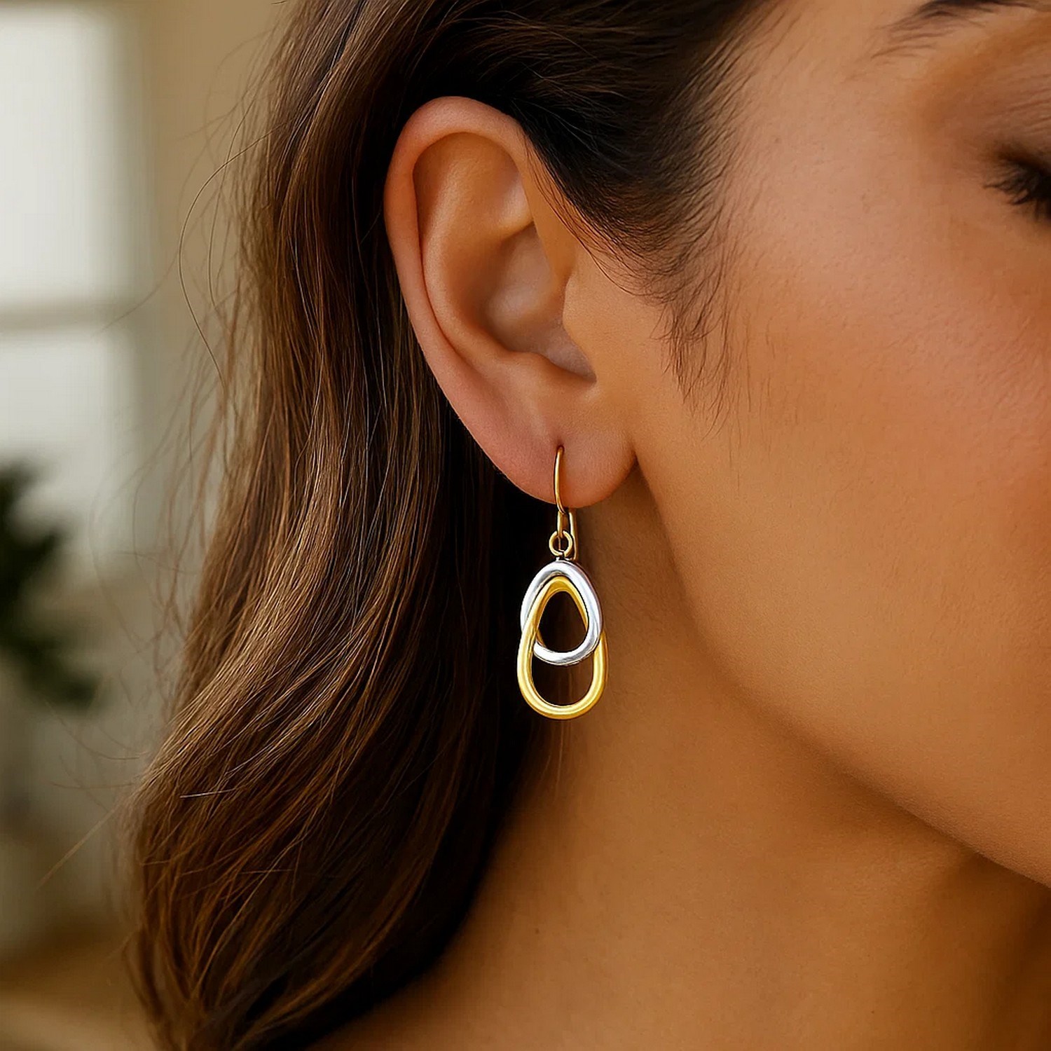 14k Two-Tone Gold Interlaced Open Teardrop Drop Earrings - Image 3