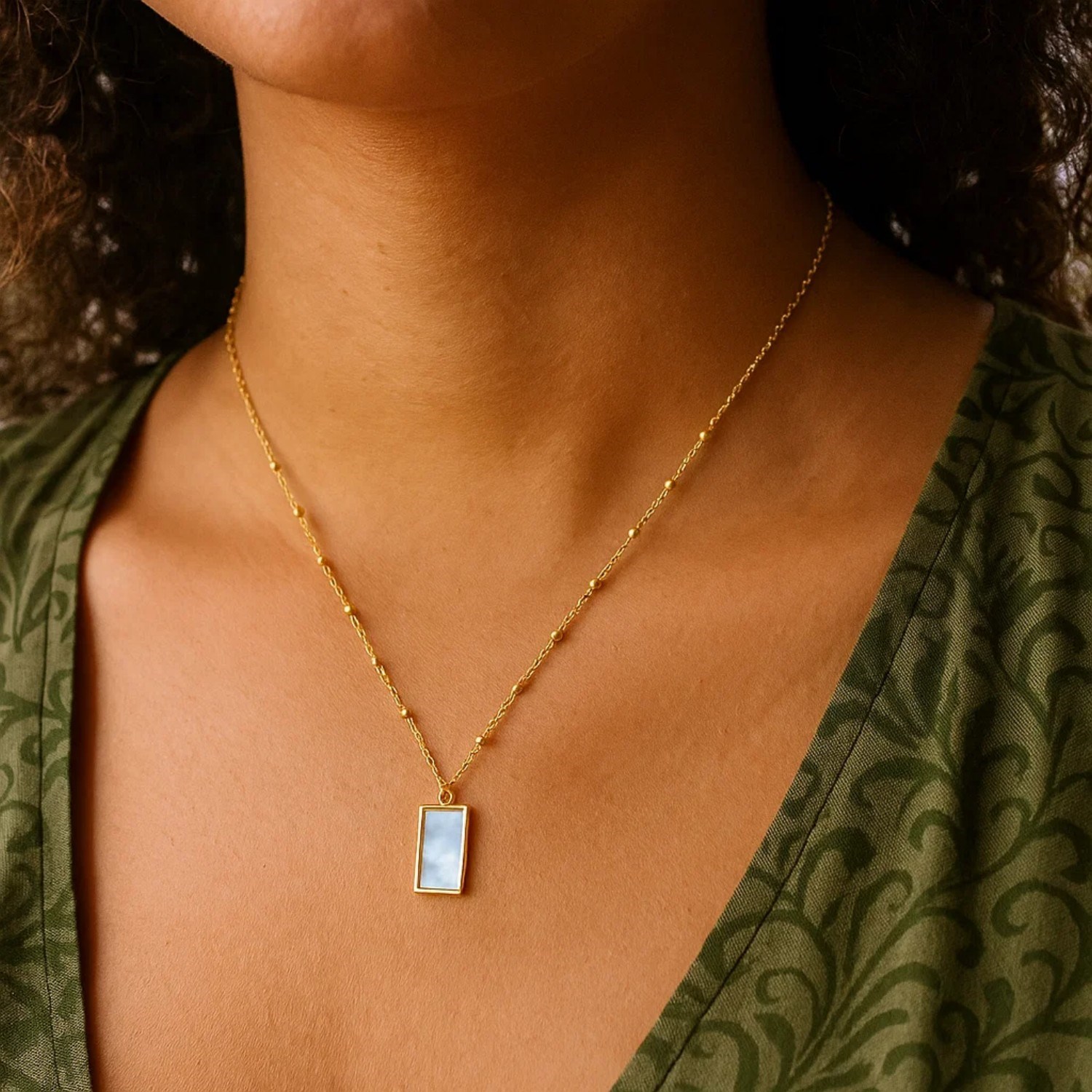 MOP Geometric Gem Rectangle Necklace in 14K Yellow Gold - Image 4