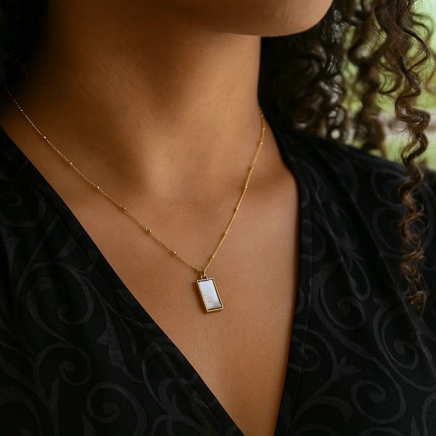 MOP Geometric Gem Rectangle Necklace in 14K Yellow Gold - Image 5