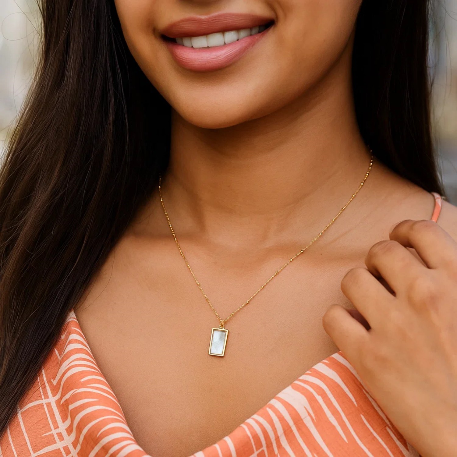 MOP Geometric Gem Rectangle Necklace in 14K Yellow Gold - Image 6