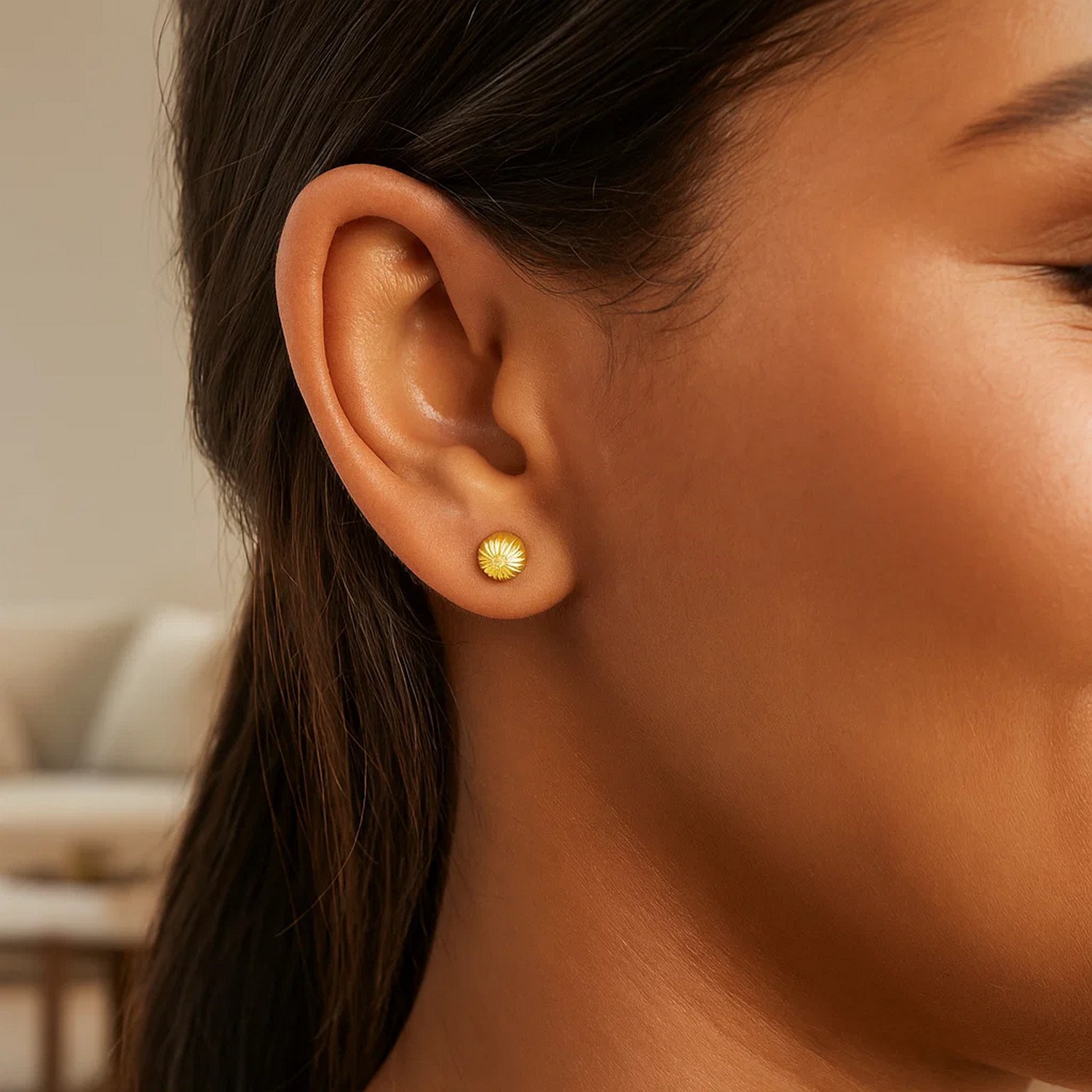 14K Yellow Gold Ball Earrings with Linear Texture(5mm) - Image 2