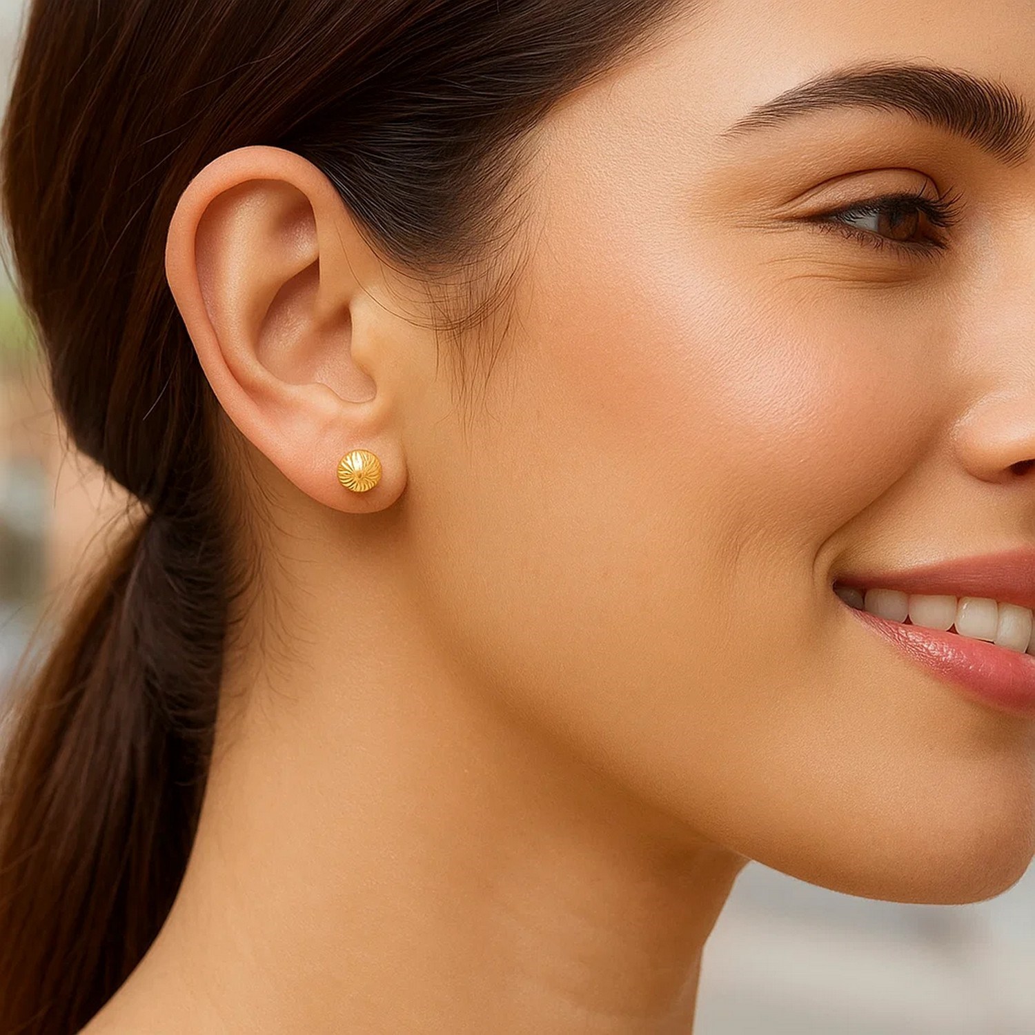 14K Yellow Gold Ball Earrings with Linear Texture(5mm) - Image 3