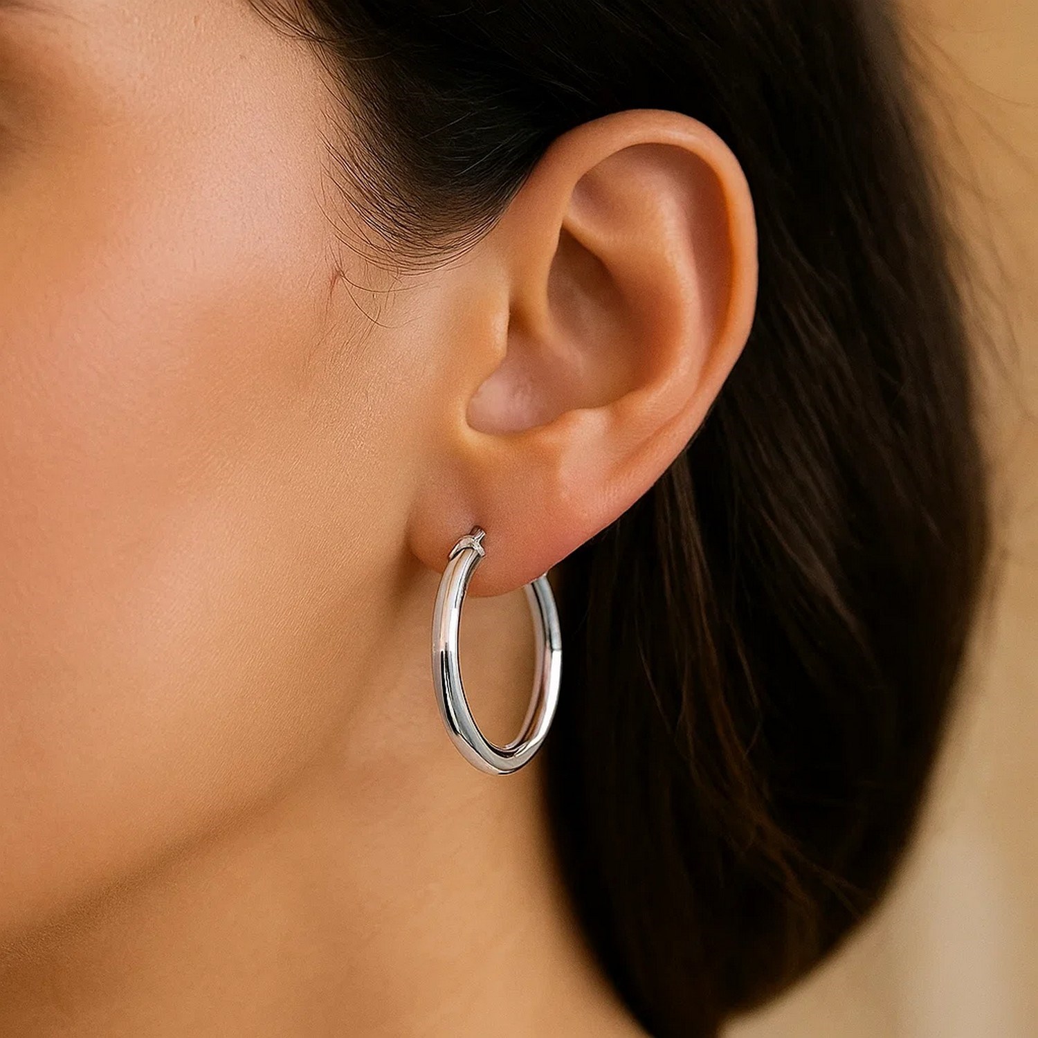 Sterling Silver Polished Hoop Motif Earrings with Rhodium Plating (3x20mm) - Image 4