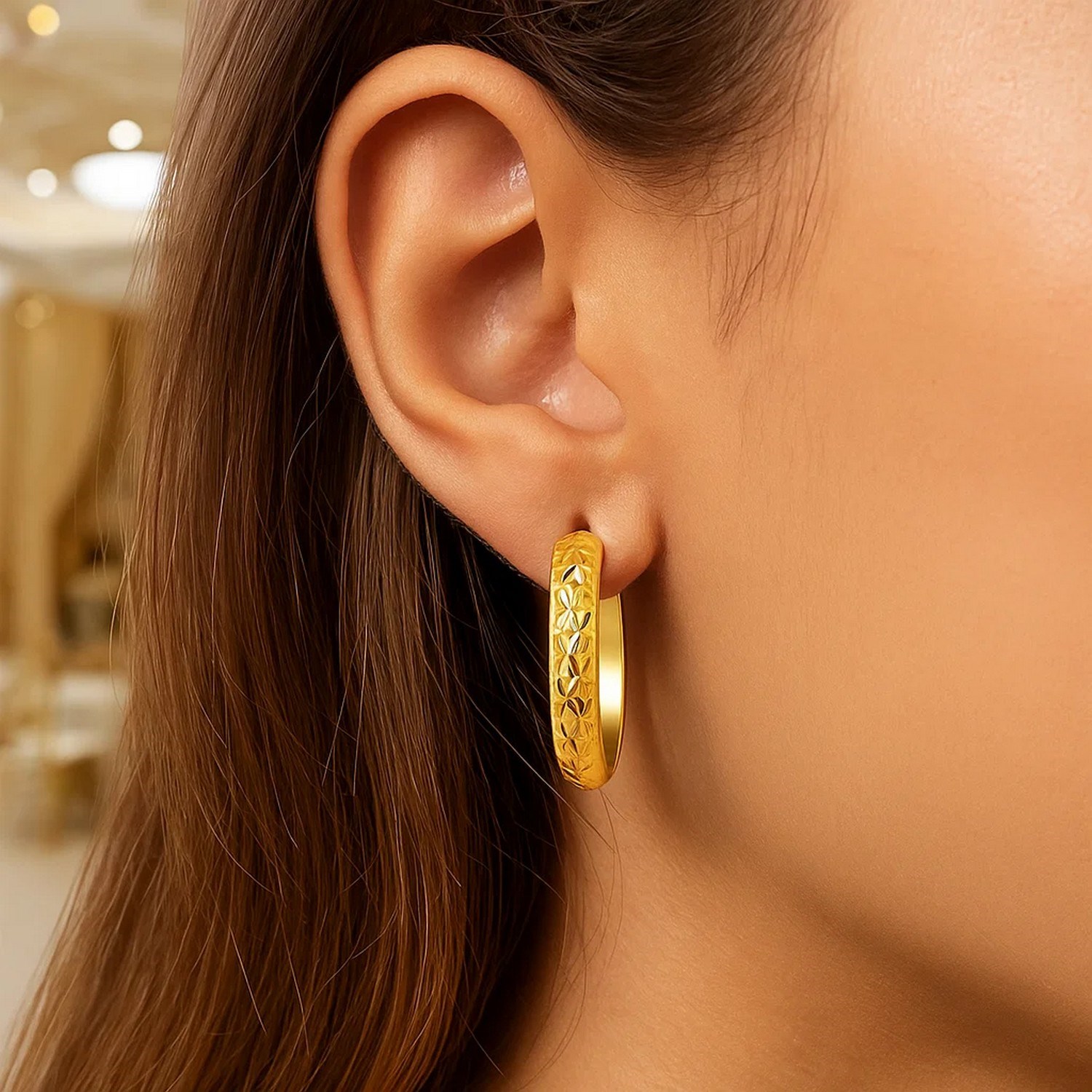 10k Yellow Gold Hammered Oval Hoop Earrings - Image 2