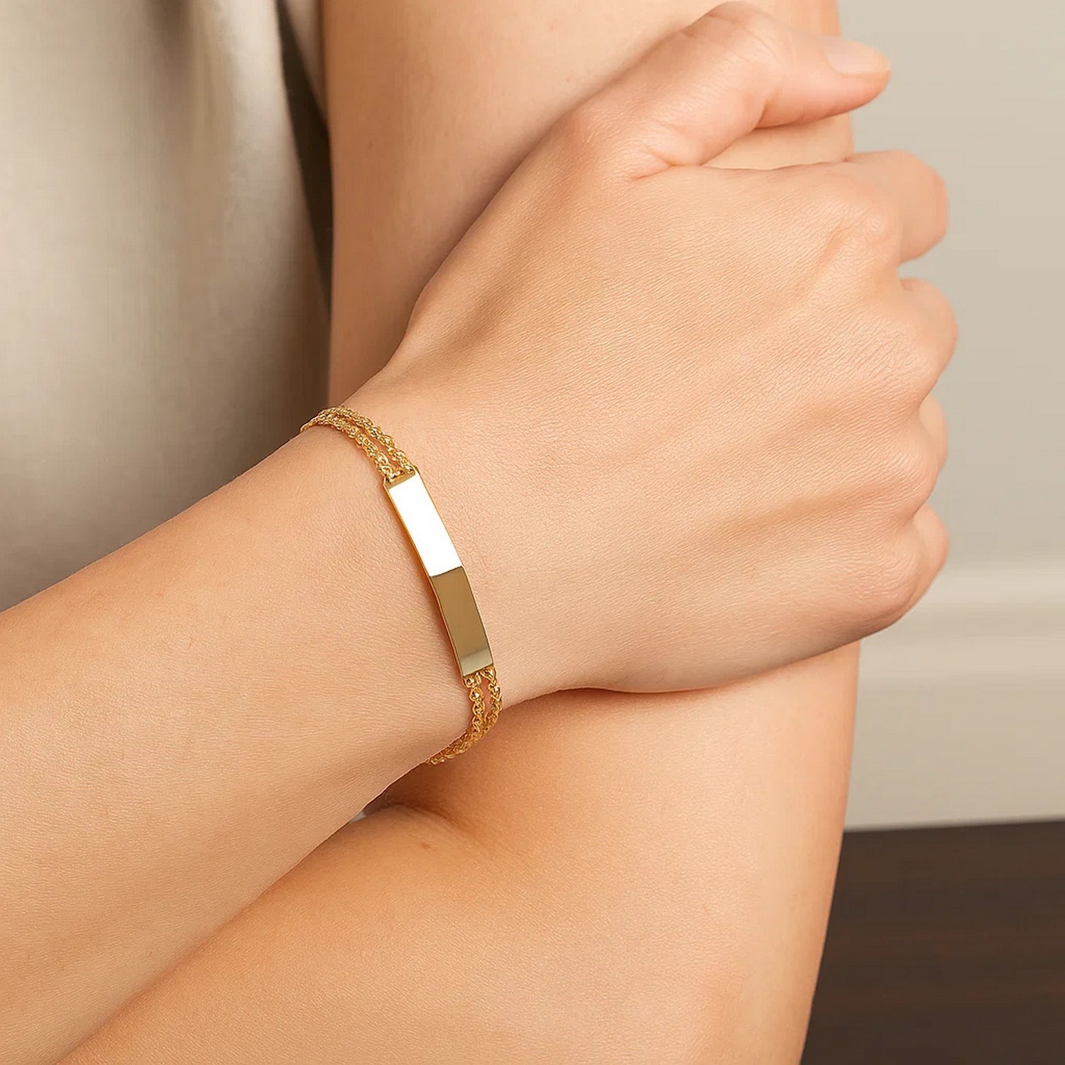 14k Yellow Gold ID Bracelet with Double Rope Chain (3.00 mm) - Image 4