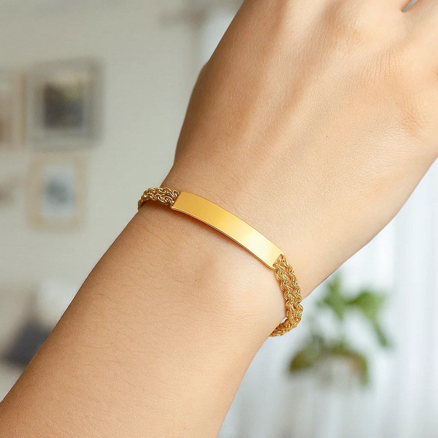 14k Yellow Gold ID Bracelet with Double Rope Chain (3.00 mm) - Image 5