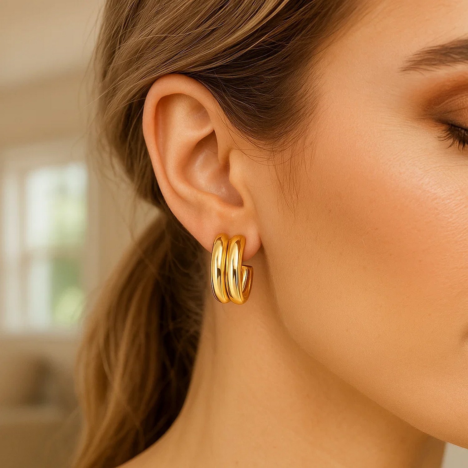 14K Yellow Gold Polished Double Row C Hoop Earrings - Image 4