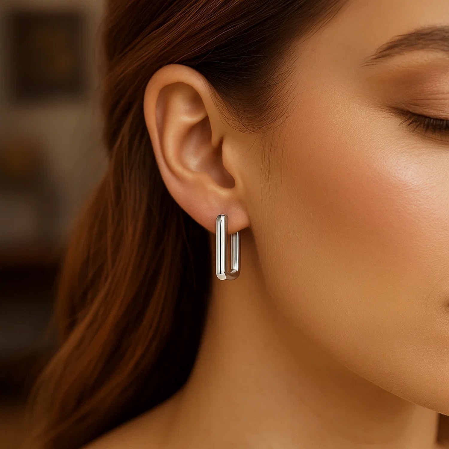 Sterling Silver Rectangle Hoop Earrings - Image 2