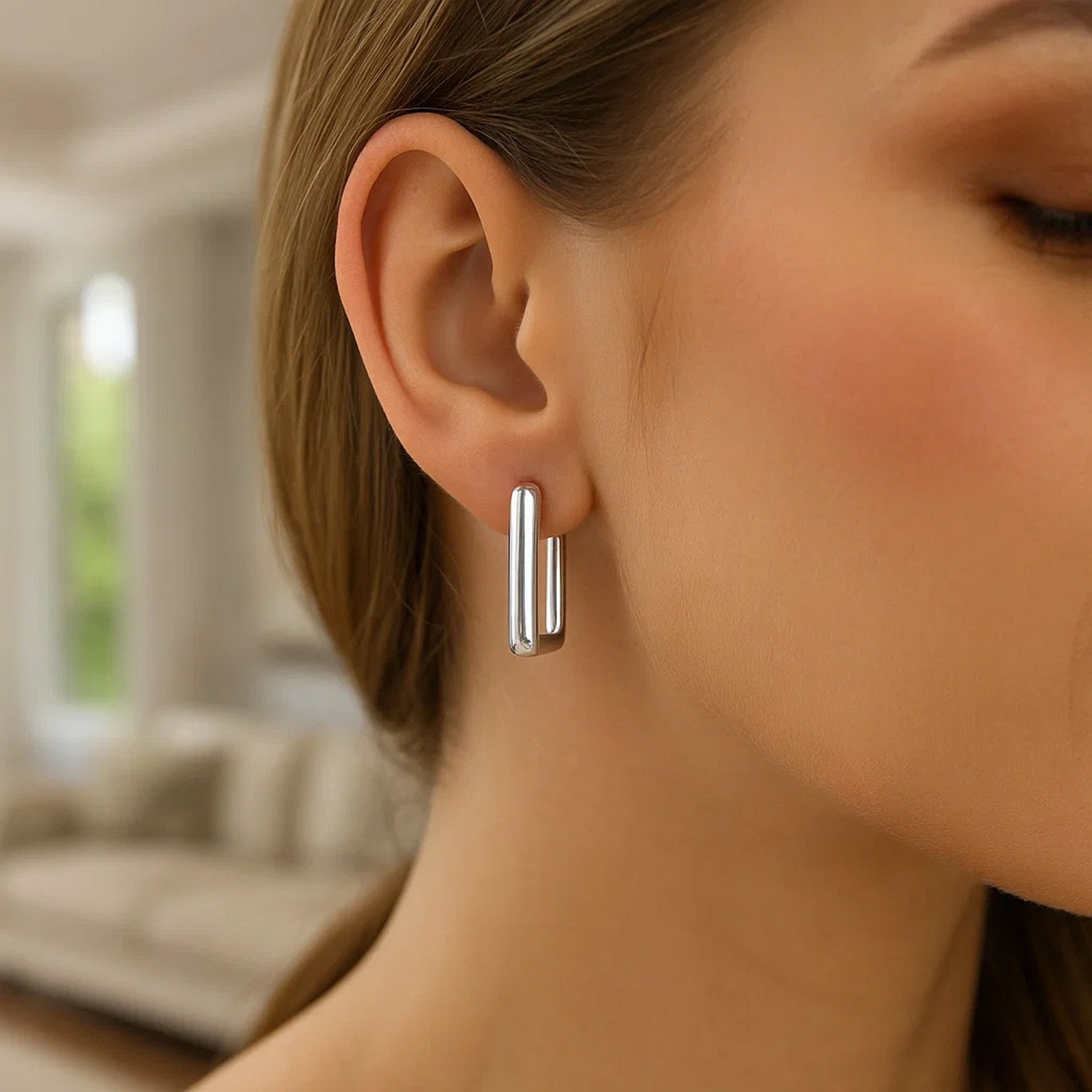 Sterling Silver Rectangle Hoop Earrings - Image 3