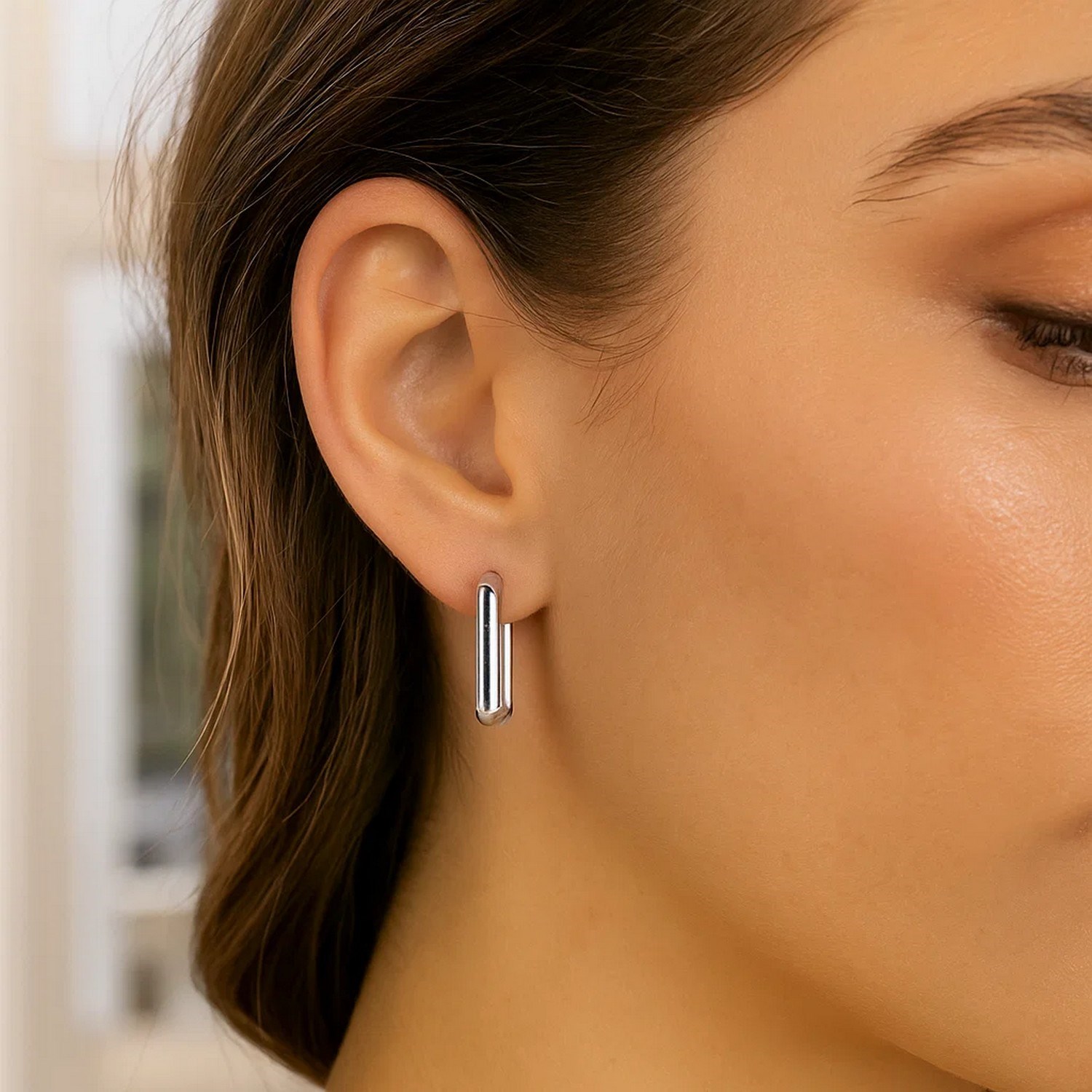 Sterling Silver Rectangle Hoop Earrings - Image 4