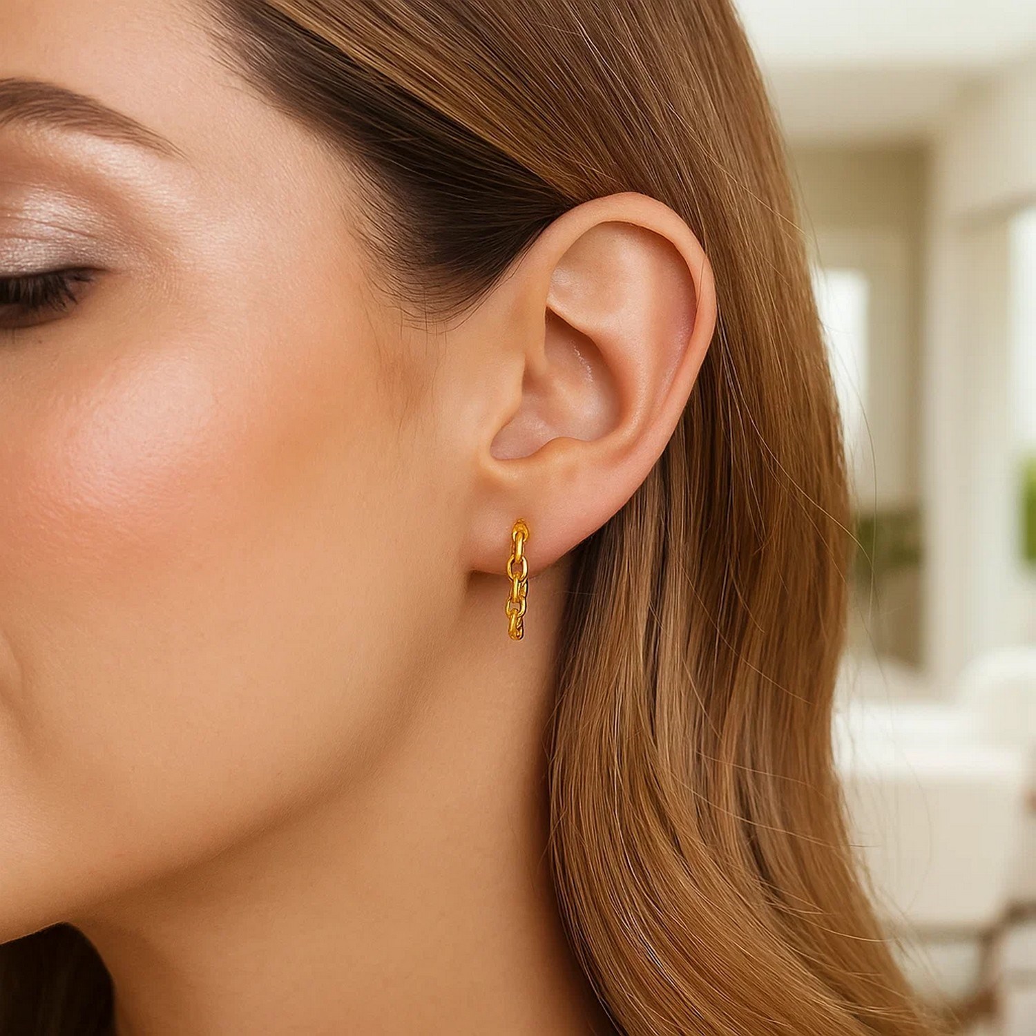 14k Yellow Gold Delicate Chain Hoop Earrings - Image 2