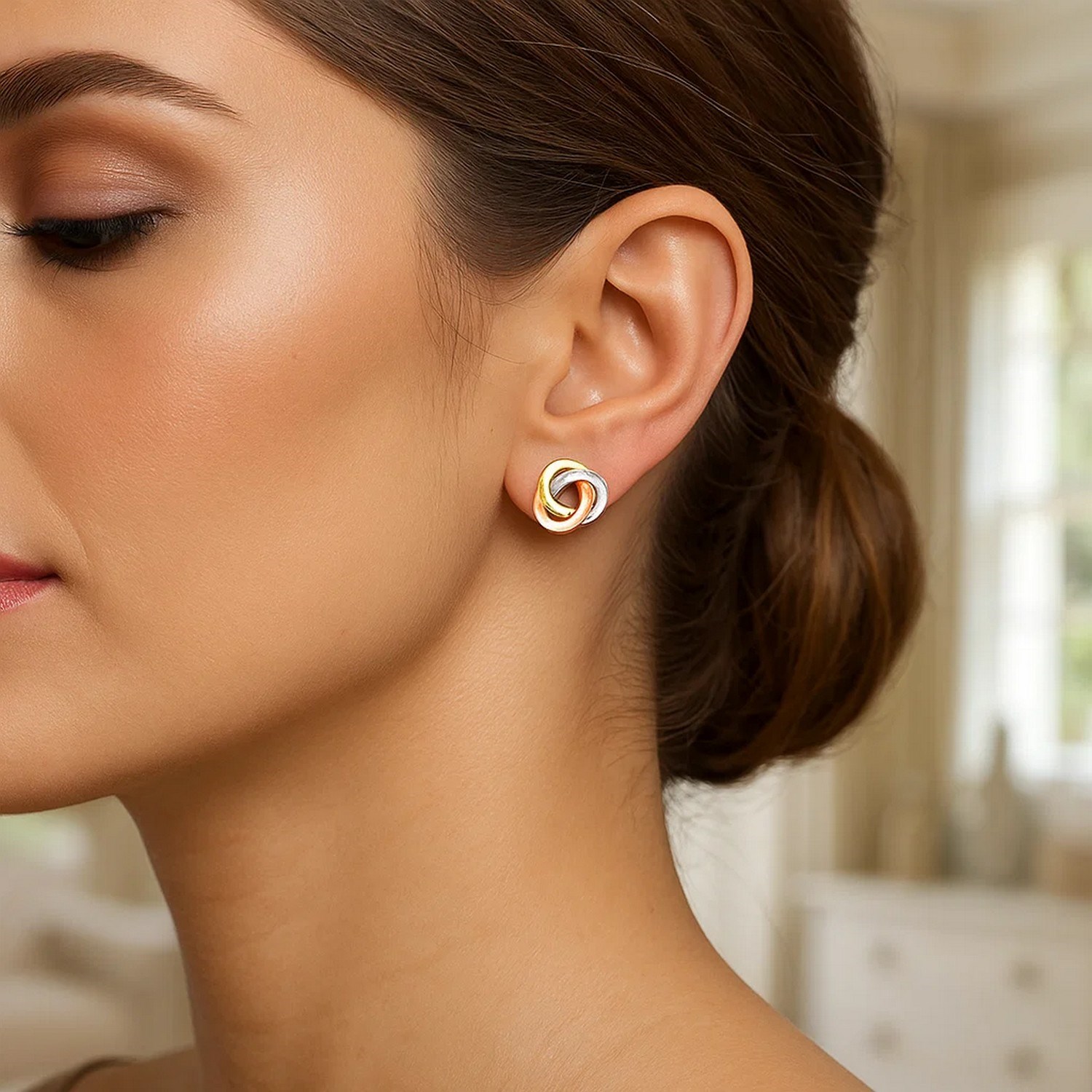 14k Tri Color Gold Love Knot Earrings(10mm) - Image 2