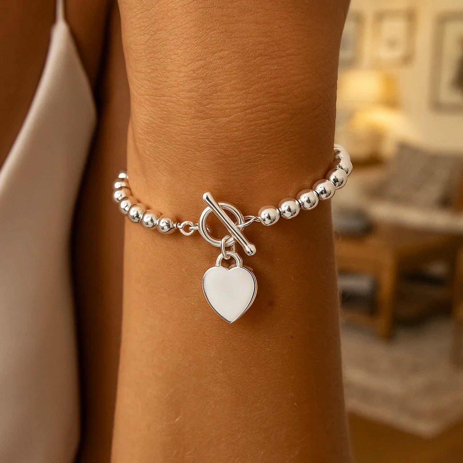 Sterling Silver Rhodium Plated Bead Toggle Heart Bracelet - Image 4