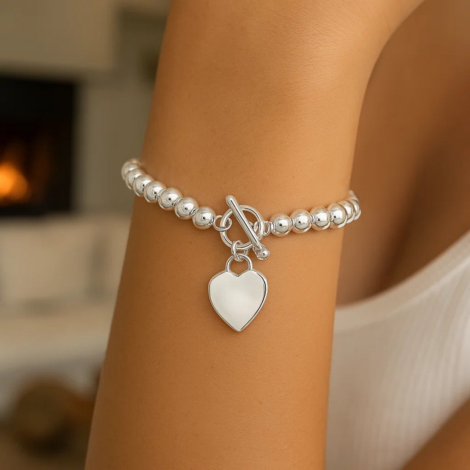 Sterling Silver Rhodium Plated Bead Toggle Heart Bracelet - Image 5