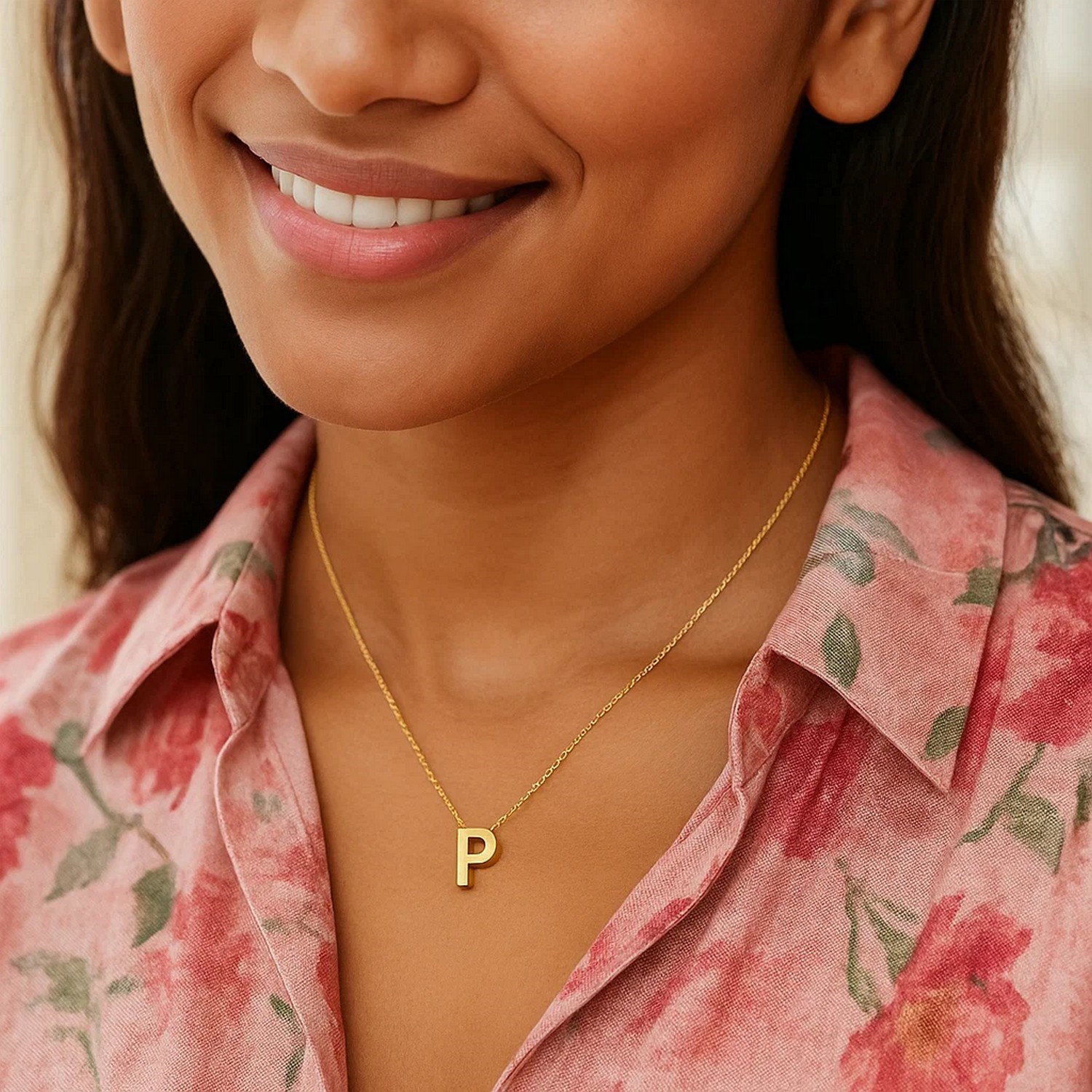 14K Yellow Gold Yours Truly Block Letter Initial P Necklace - Image 3