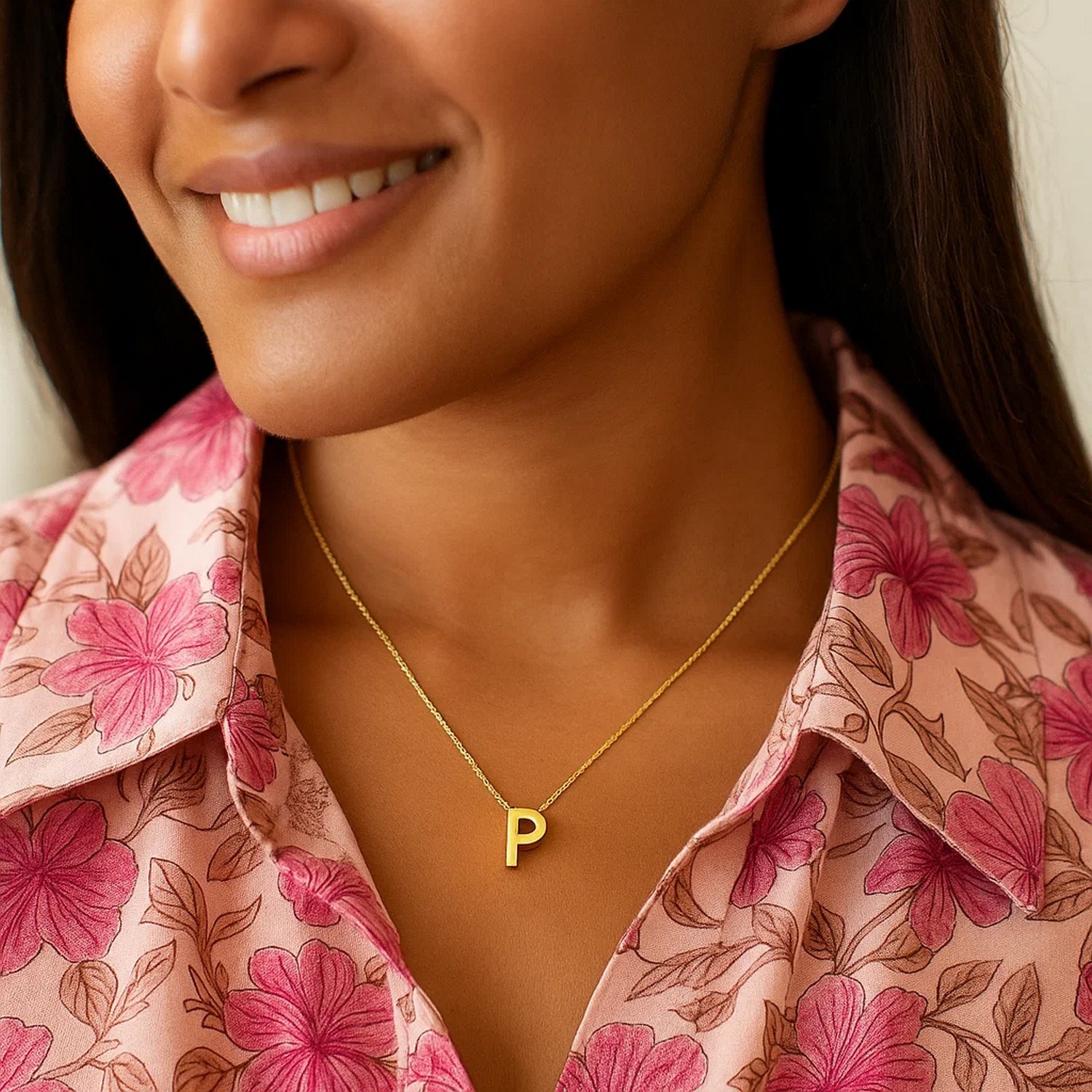 14K Yellow Gold Yours Truly Block Letter Initial P Necklace - Image 4