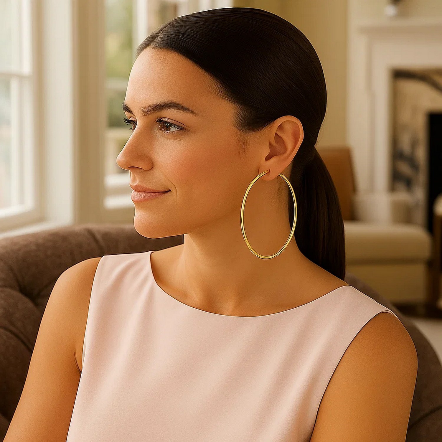 14k Yellow Gold Large Polished Hoop Earrings(2x70mm) - Image 4
