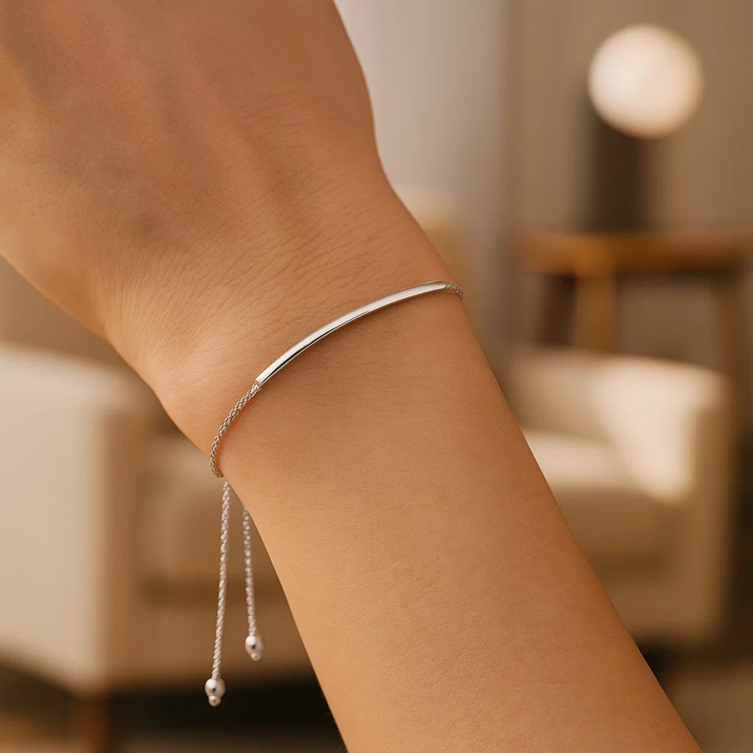 14k White Gold Smooth Curved Bar Lariat Design Bracelet (1.00 mm) - Image 6