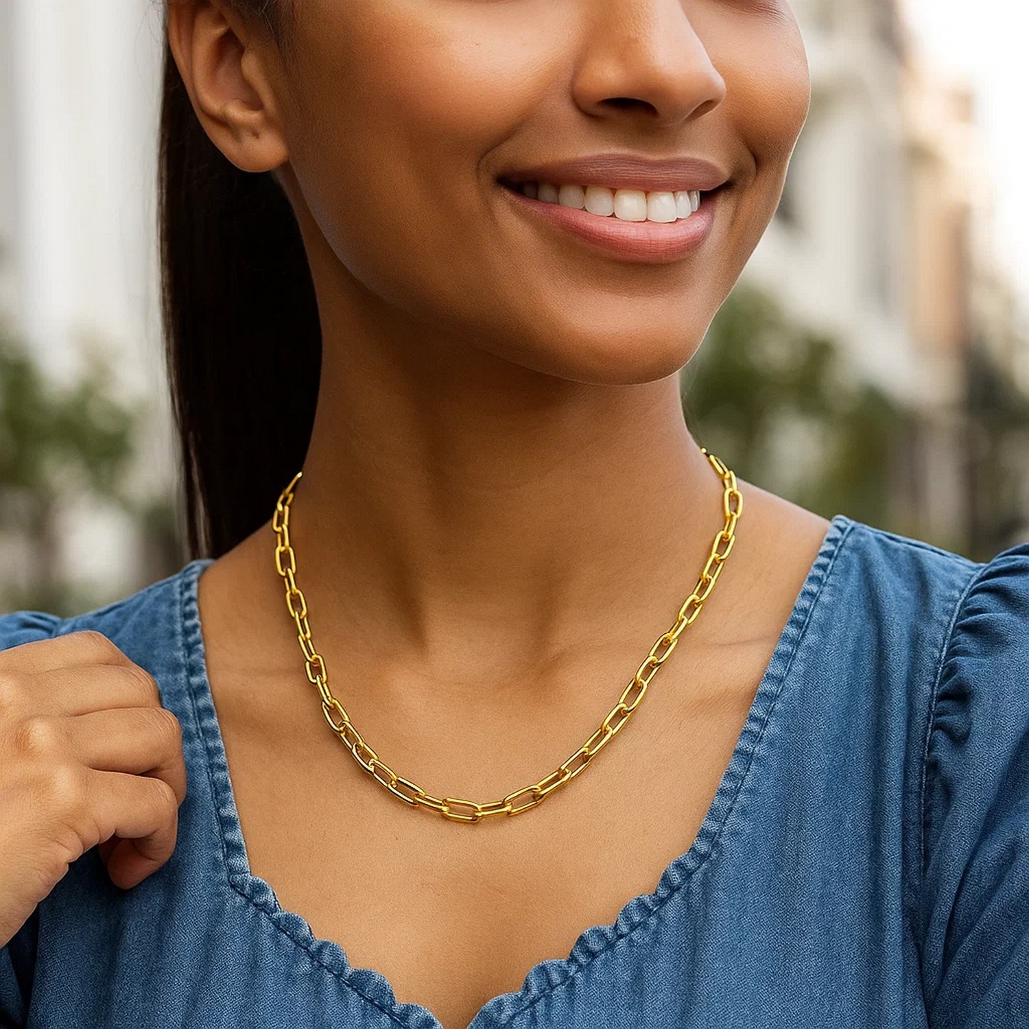 14K Yellow Gold Charm Lock Paperclip Chain - Image 4